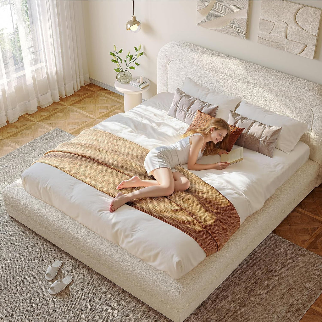 Homkdom Cloud Bed Frame and Headboard, Upholstered Soft King Size Bed Frame with Round Edges, Boucle Platform Bed for Apartments & Master Rooms & Guest Rooms, No Box Spring Needed,Beige