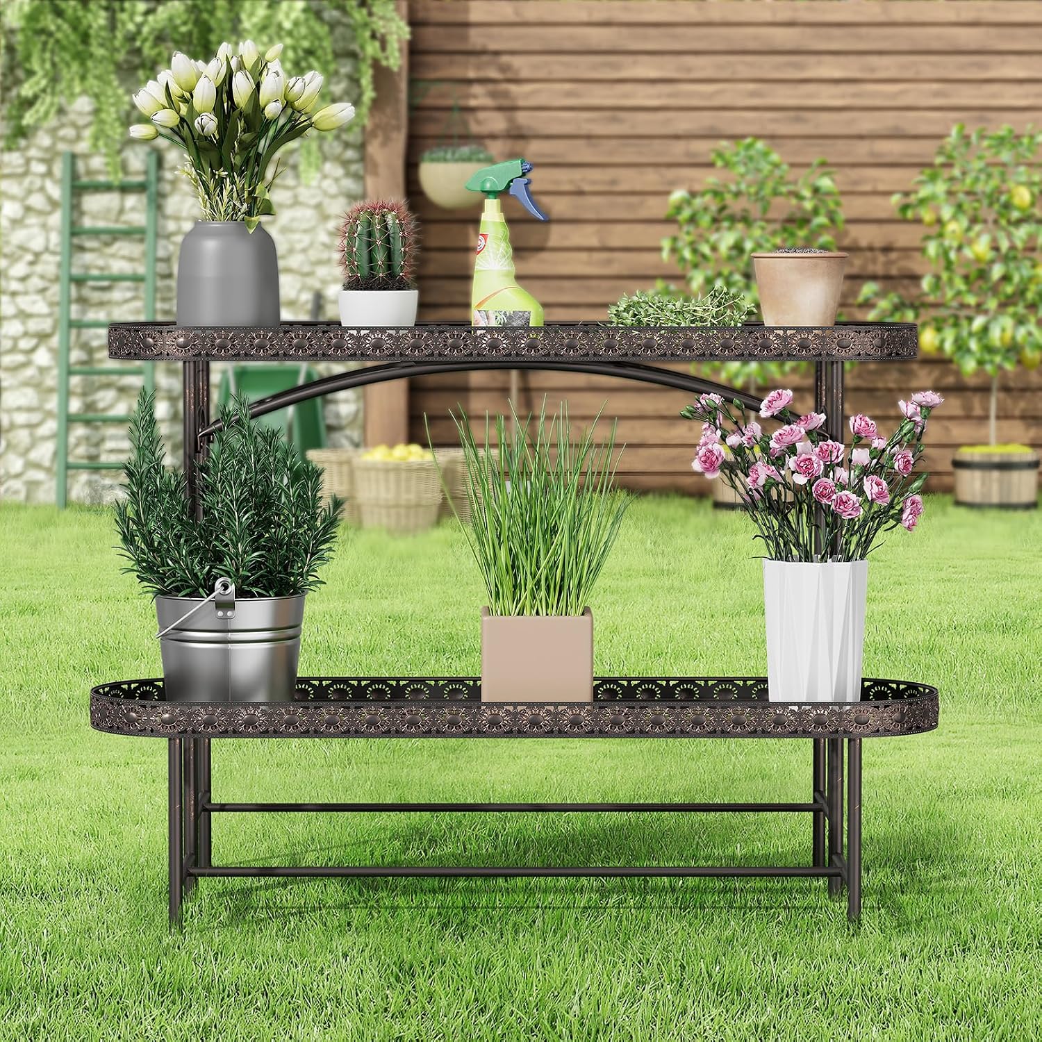 Plant Stand Outdoor Indoor 2 Tier Metal Pland Stand, Detachable Heavy Duty Tall Plant Shelf Rack Flower Pot Holder for Patio Garden Balcony Living Room, Distressed Vintage Black