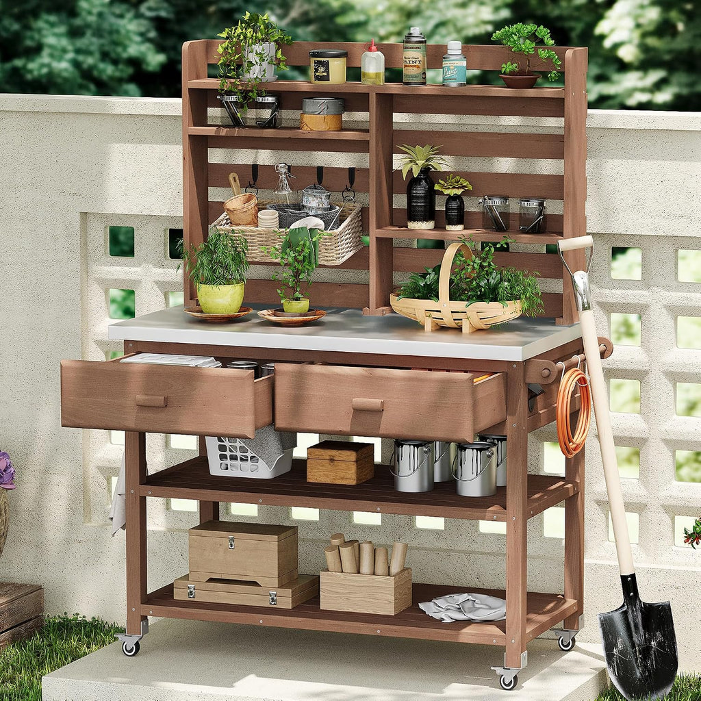 GOWE K&K 64.9' H Outdoor Potting Bench Table with Lockable Wheels, Solid Wood Outdoor Kitchen Island with Upper Hutch, Stainless Steel Top, Towel Rack,Outdoor Storage for Grilling, Lawn Garden -Brown