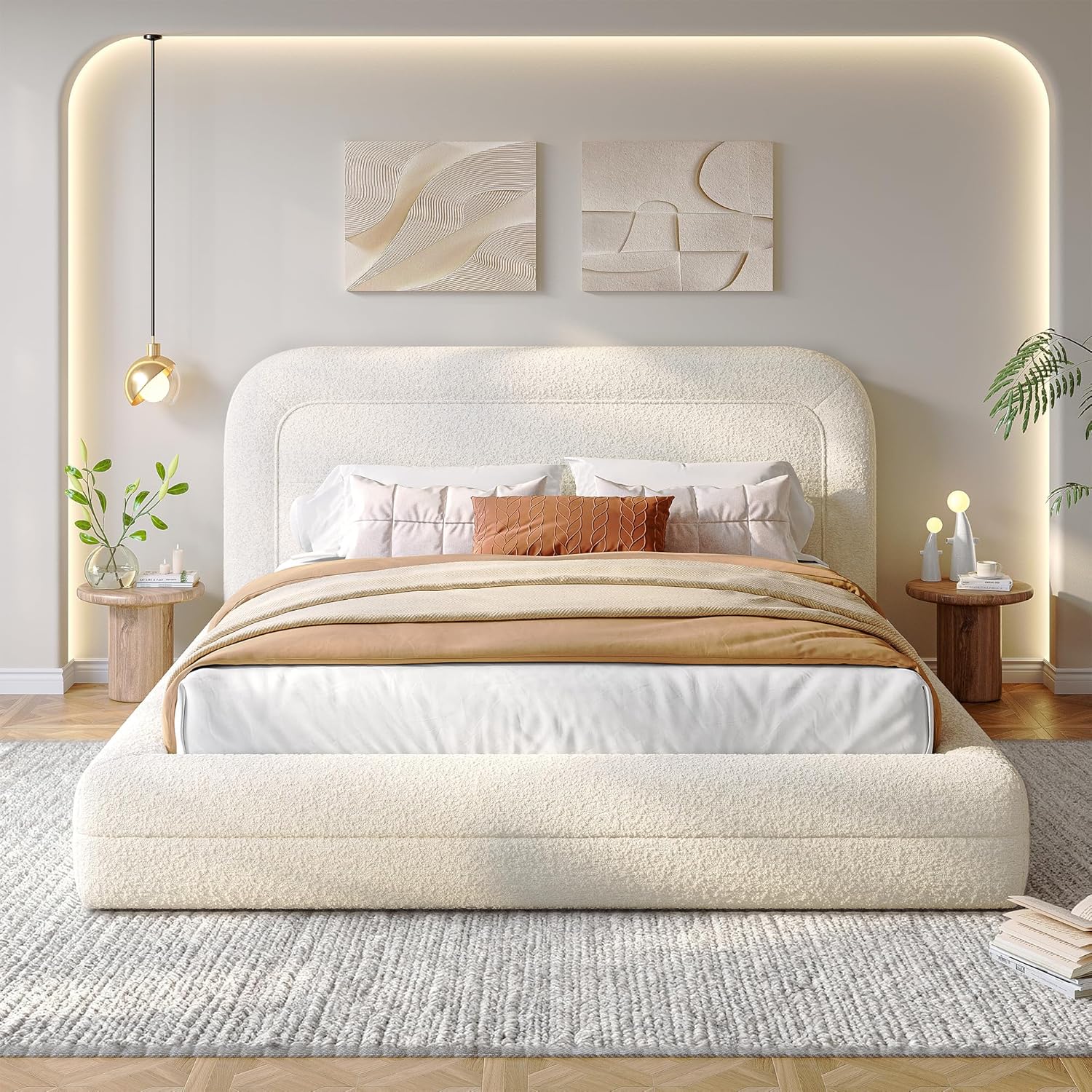 Homkdom Cloud Bed Frame with Headboard, Upholstered Soft Full Bed Frame with Round Edges, Boucle Platform Bed for Modern Bedrooms & Apartments & Guest Rooms, No Box Spring Needed,Beige