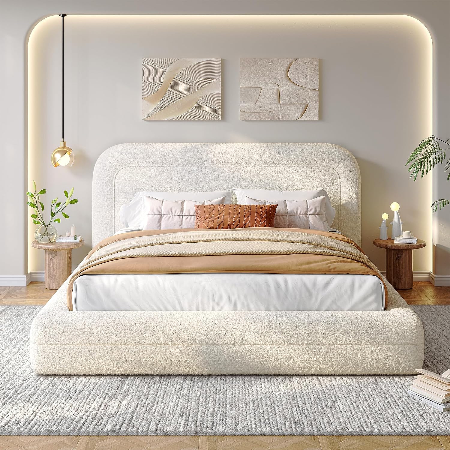 Homkdom Cloud Bed Frame with Headboard, Upholstered Soft Queen Bed Frame with Round Edges, Boucle Platform Bed for Modern Bedrooms & Apartment & Guest Rooms, No Box Spring Needed,Beige