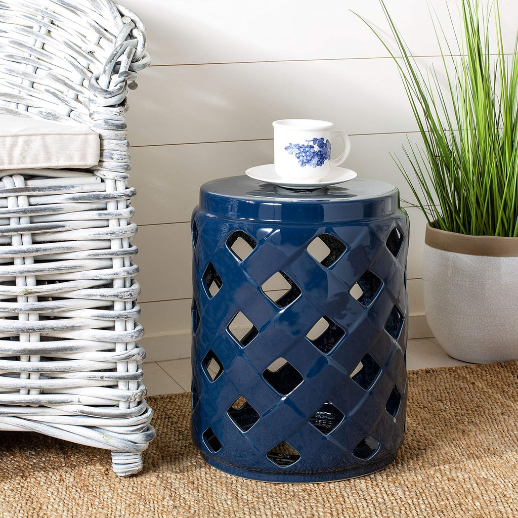 Safavieh ACS4574A Home Betli Navy Ceramic Lattice 17-inch Indoor/Outdoor Side Table Garden Stool