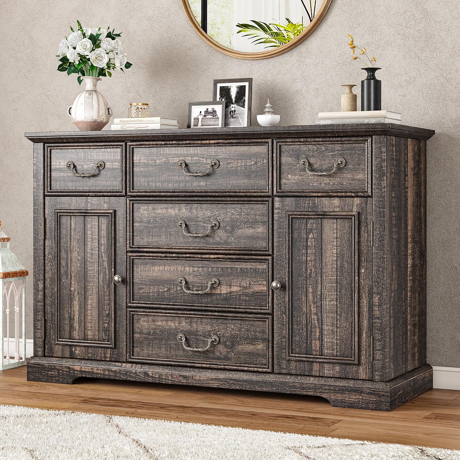 Homkdom Farmhouse Dresser – 6 Drawers & 2 Doors for Bedroom Storage Dresser Sturdy Build & Smooth Silent Slides，Dark Rustic Oak