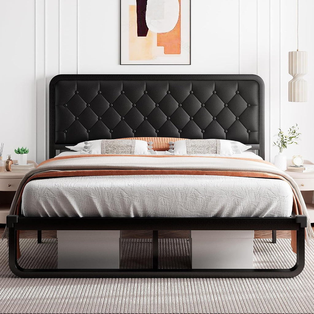 iPormis Queen Bed Frame with Headboard Faux Leather Upholstered Bed Frame Platform, All Metal Slats Support Platform Bed Frame with 12' Under Bed Space, Noise Free, No Box Spring Needed, Black