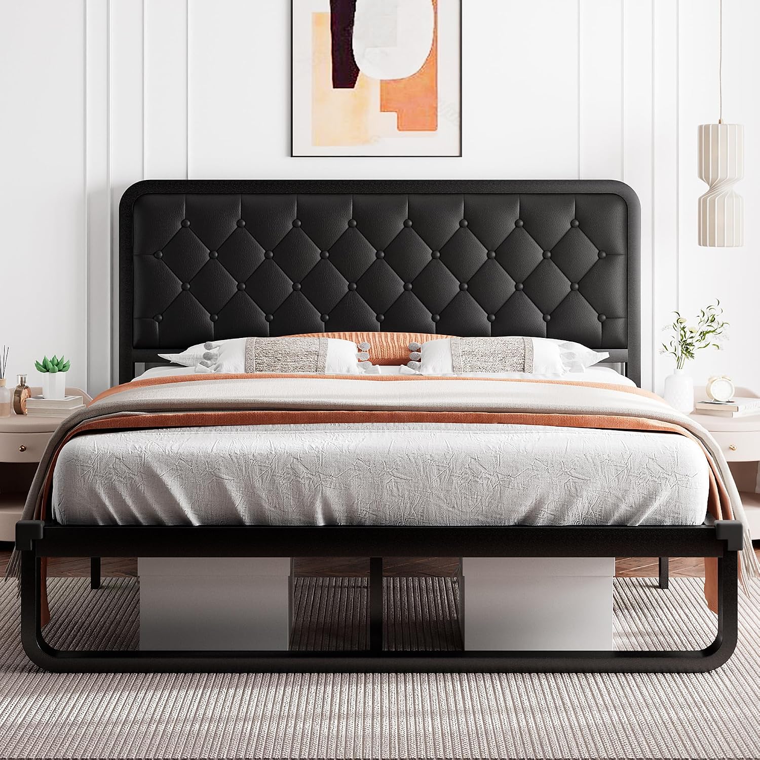 iPormis Queen Bed Frame with Headboard Faux Leather Upholstered Bed Frame Platform, All Metal Slats Support Platform Bed Frame with 12' Under Bed Space, Noise Free, No Box Spring Needed, Black