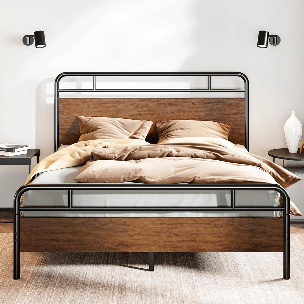 SHA CERLIN Full Size Bed Frame with Wooden Headboard and Footboard, Rounded Corner Metal Structure, Heavy Duty Slats with Under-Bed Storage, No Box Spring Needed, Walnut