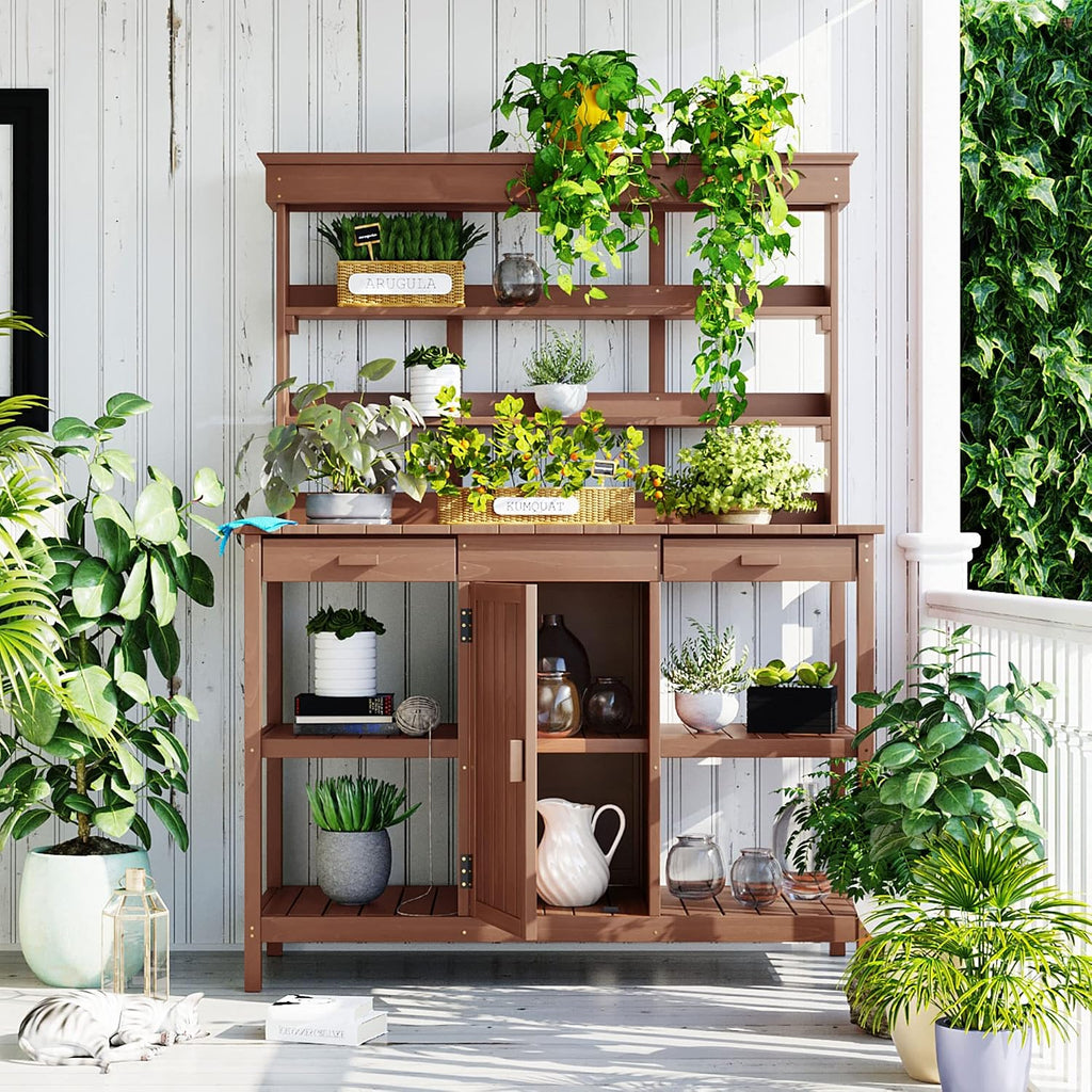 P PURLOVE 66' Large Wooden Rustic Outdoor Potting Bench Table, Patio Workstation, Garden Plant Lawn Patio Bench Shelf with Storage Open Shelves and with 2 Drawers, Cabinet for Backyard, Mudroom