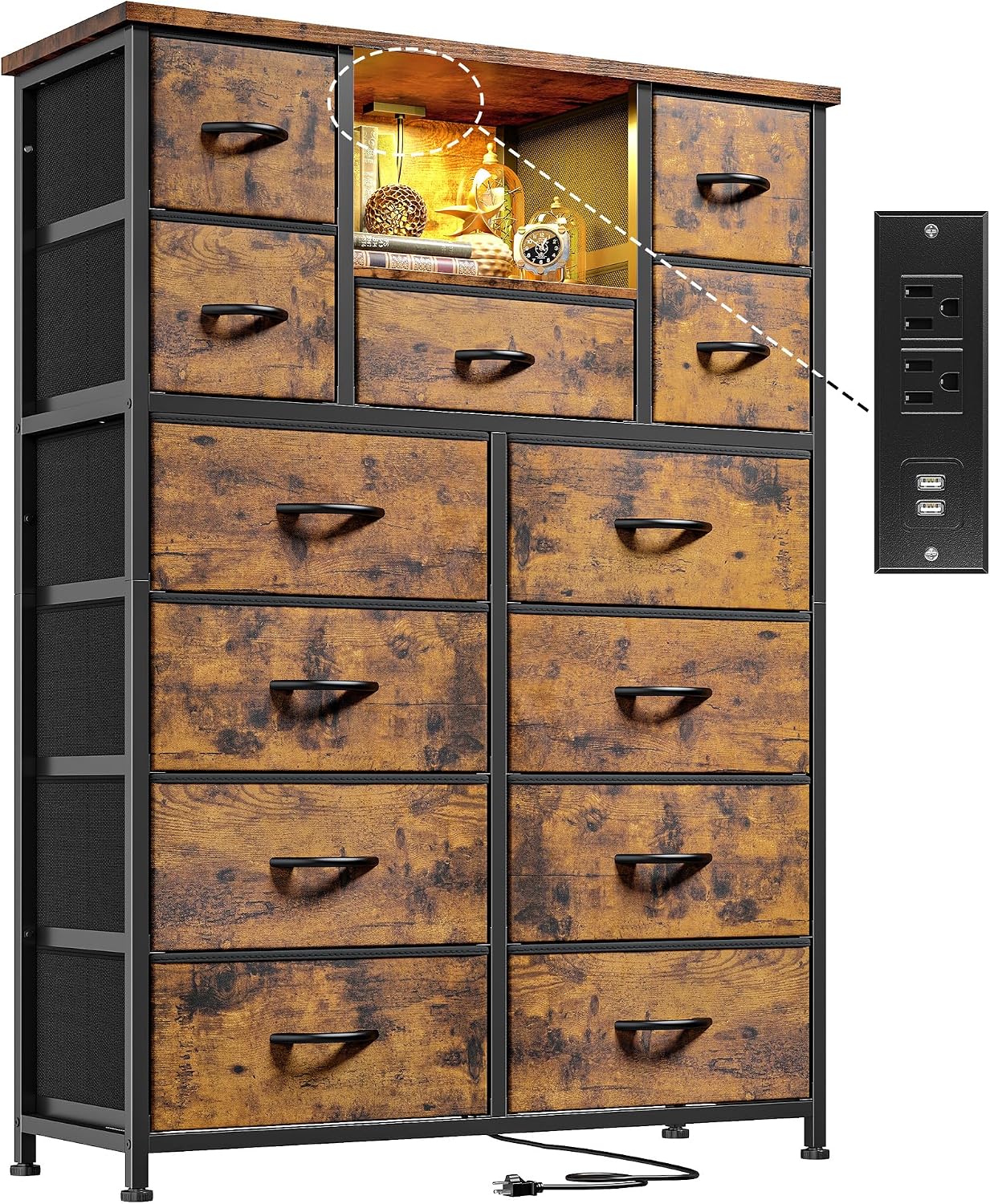 Romorgniz Dresser for Bedroom with 13 Fabric Drawers, Dressers with LED & 4 Charging Ports, 47''H Chest of Drawers with Open Storage Shelves for Hallway, Entryway, Rustic Brown