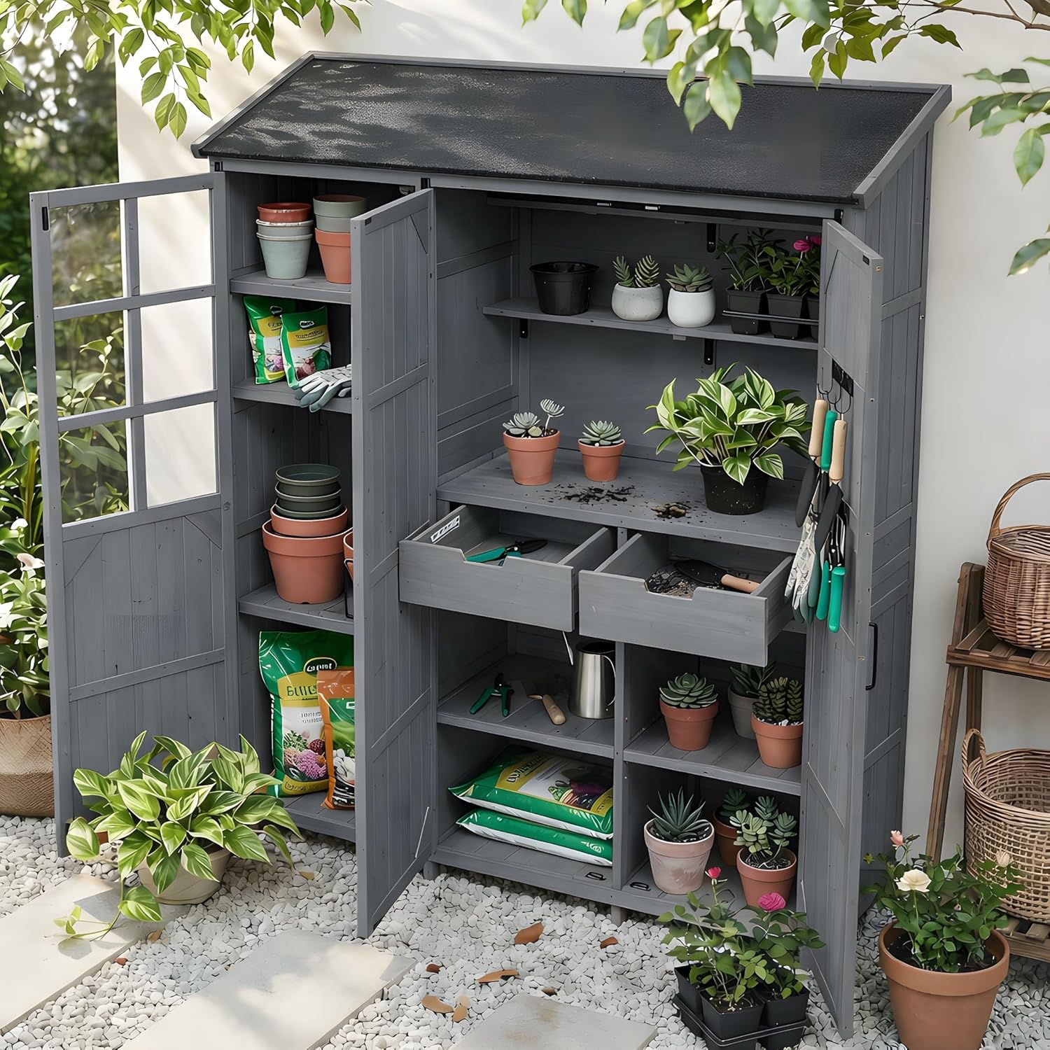 Outdoor Garden Storage Shed with Waterproof Roof, Farmhouse Potting Bench Table with 3 Doors Cabinets, 7 Storage Shelves, 2 Drawers, and 6 Hooks,Grey