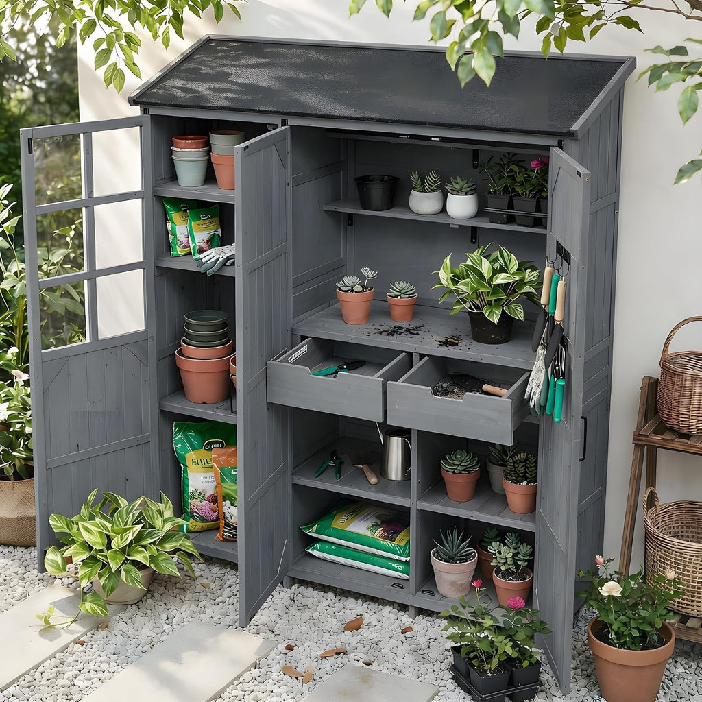 Roomfitters 71.6' Garden Potting Bench with Storage Cabinet, Waterproof Roof Outdoor Potting Table, Shelves, Drawers, Gray