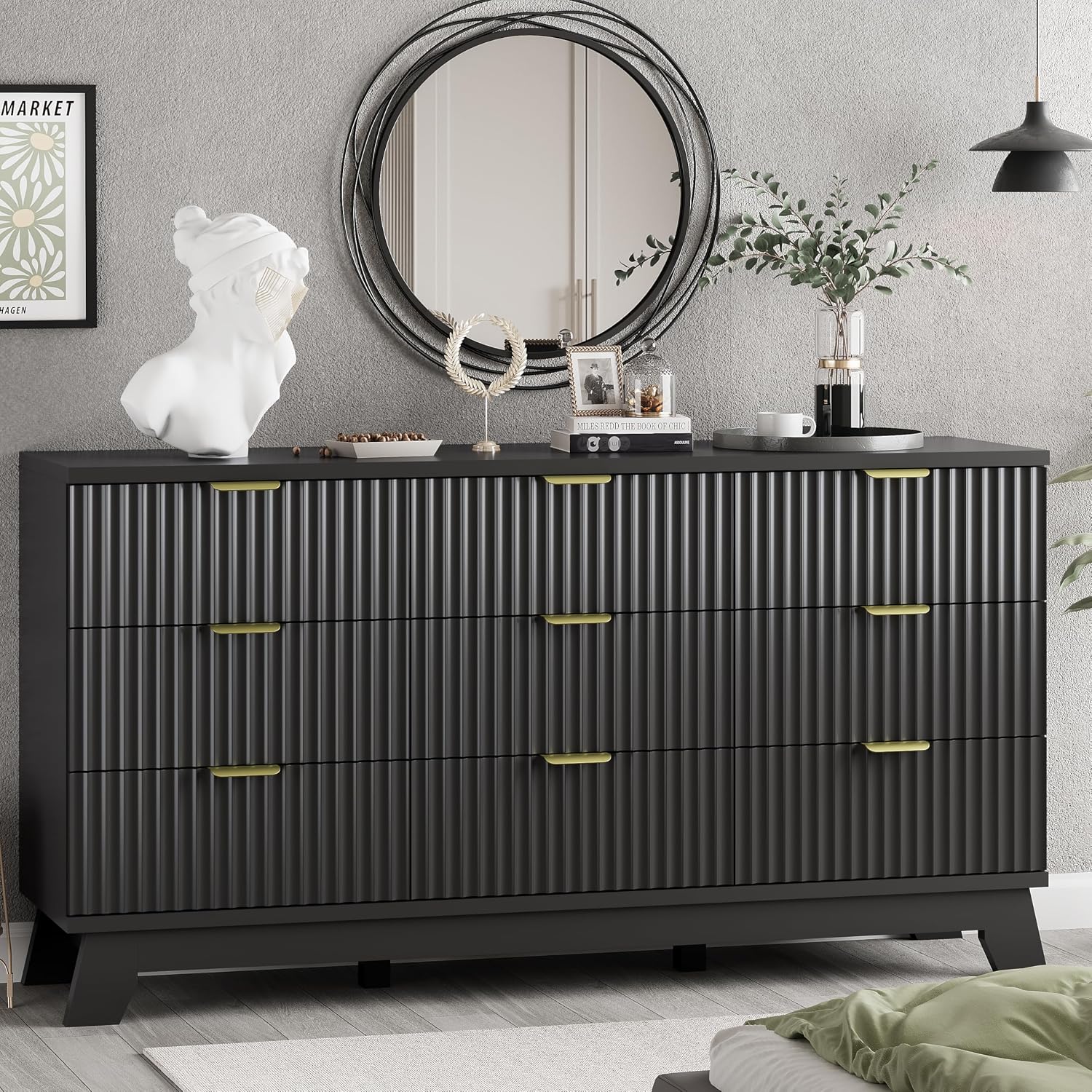 Xixini Fluted Dresser for Bedroom with 9 Drawers, 57' Wide Chest of Drawers with Metal Handle, Modern Wood Dresser TV Stand, Wooden Closet Clothes Storage Organizer for Living Room, Hallway, Black