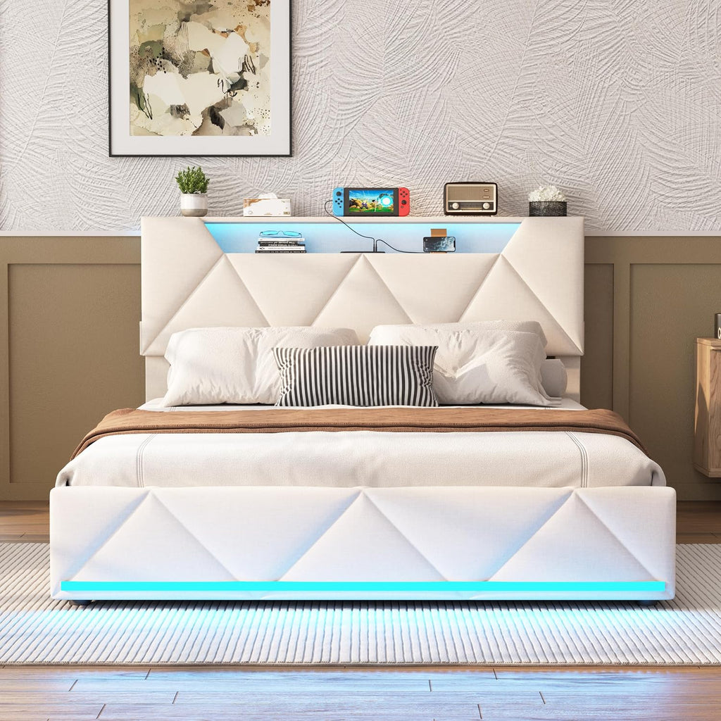 Vabches Full Bed Frame with Storage Headboard and 4 Drawers,Upholstered Platform with Charging Station and Led Lights,Adjustable Headboard,No Box Spring Needed,Beige