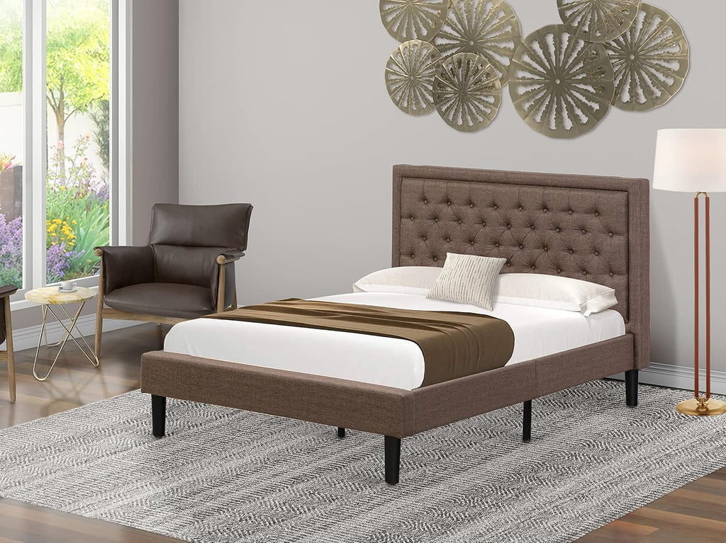 East West Furniture KDF-18-F Platform Full Bed Frame - Brown Linen Fabric Upholstered Bed Headboard with Button Tufted Trim Design - Black Legs