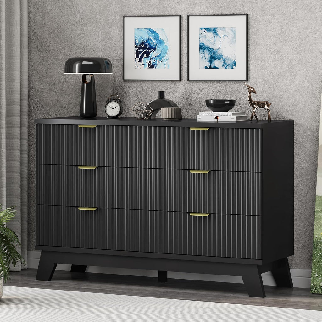 Xixini Fluted Dresser for Bedroom with 6 Drawers, 48' Wide Wooden Chest of Drawers with Metal Handle, Modern Dresser TV Stand, Wood Closet Clothes Storage Organizer for Living Room, Hallway, Black