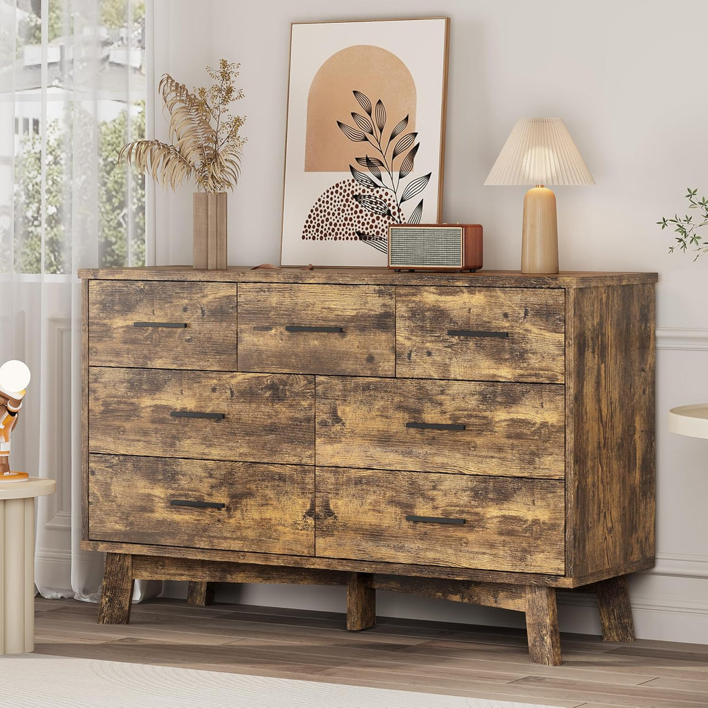 Xixini Dresser for Bedroom with 7 Drawer, Wood Modern Chest of Drawers with X-Shaped Sturdy Base, Wide Double Dresser Closet Clothes Storage Organizer, Wooden TV Stand for Living Room, Hallway, Brown