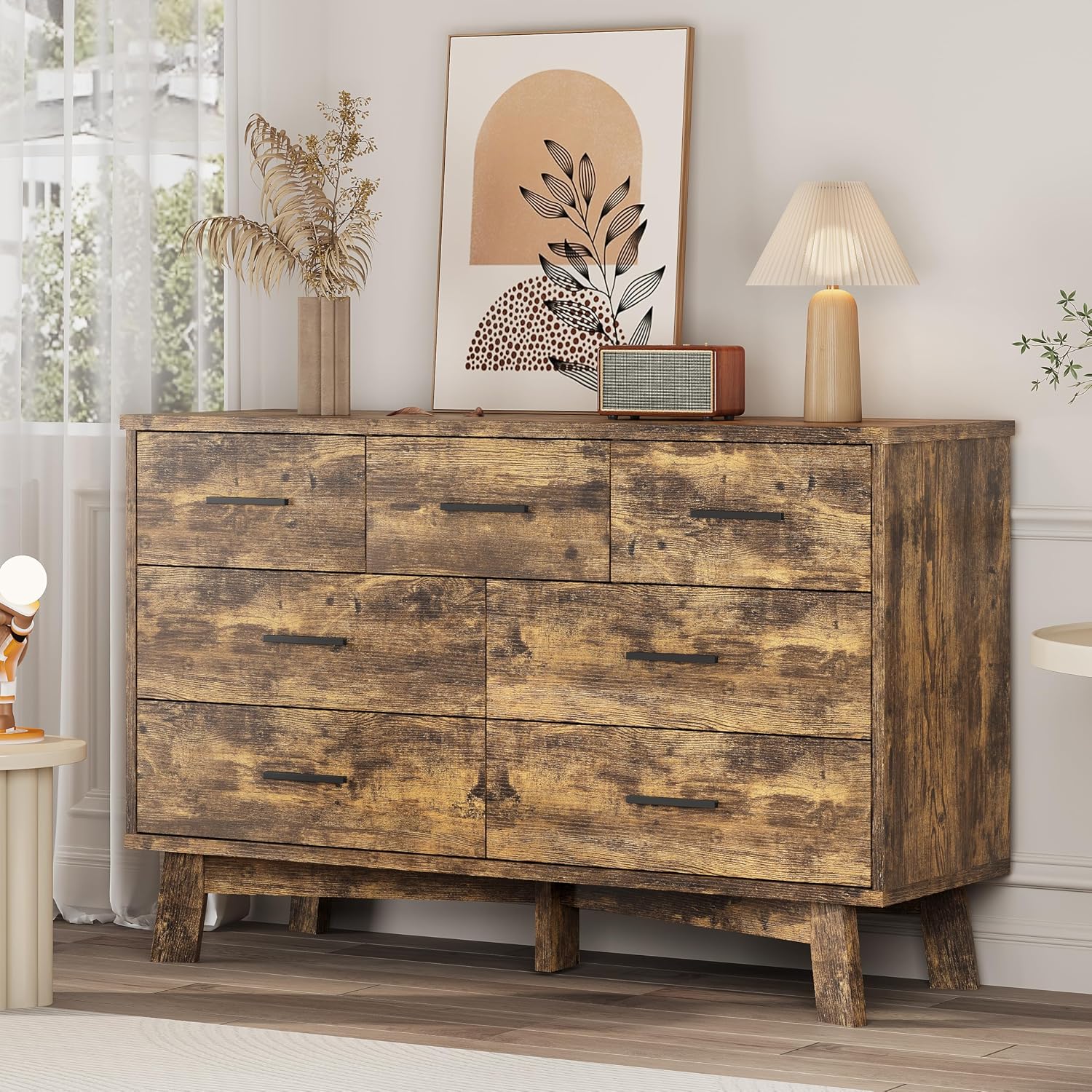 Xixini Dresser for Bedroom with 7 Drawer, Wood Modern Chest of Drawers with X-Shaped Sturdy Base, Wide Double Dresser Closet Clothes Storage Organizer, Wooden TV Stand for Living Room, Hallway, Brown