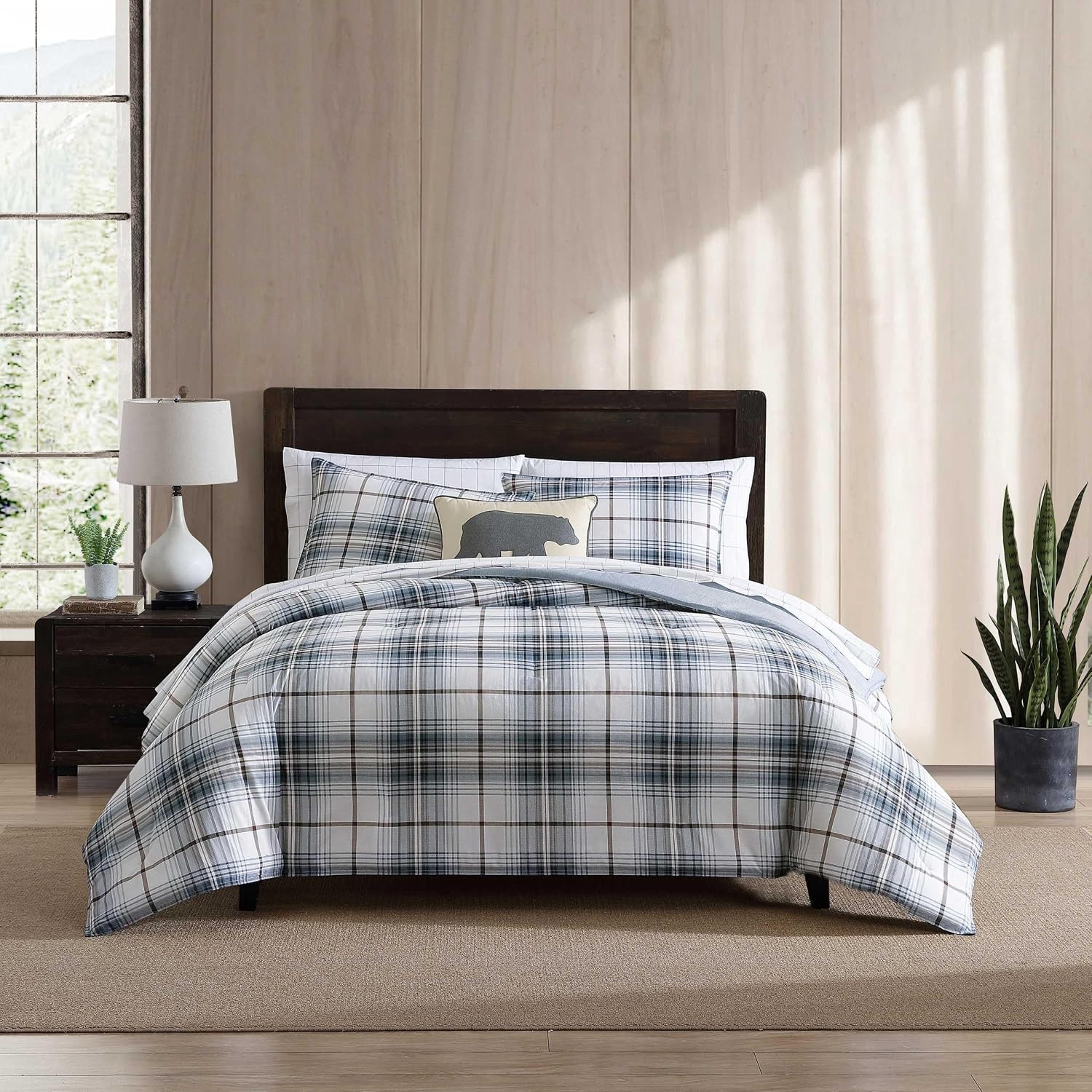 Eddie Bauer - King Comforter Set, Reversible Cotton Bedding with Matching Shams, Plaid Home Decor (Alder Blue/Grey, King)