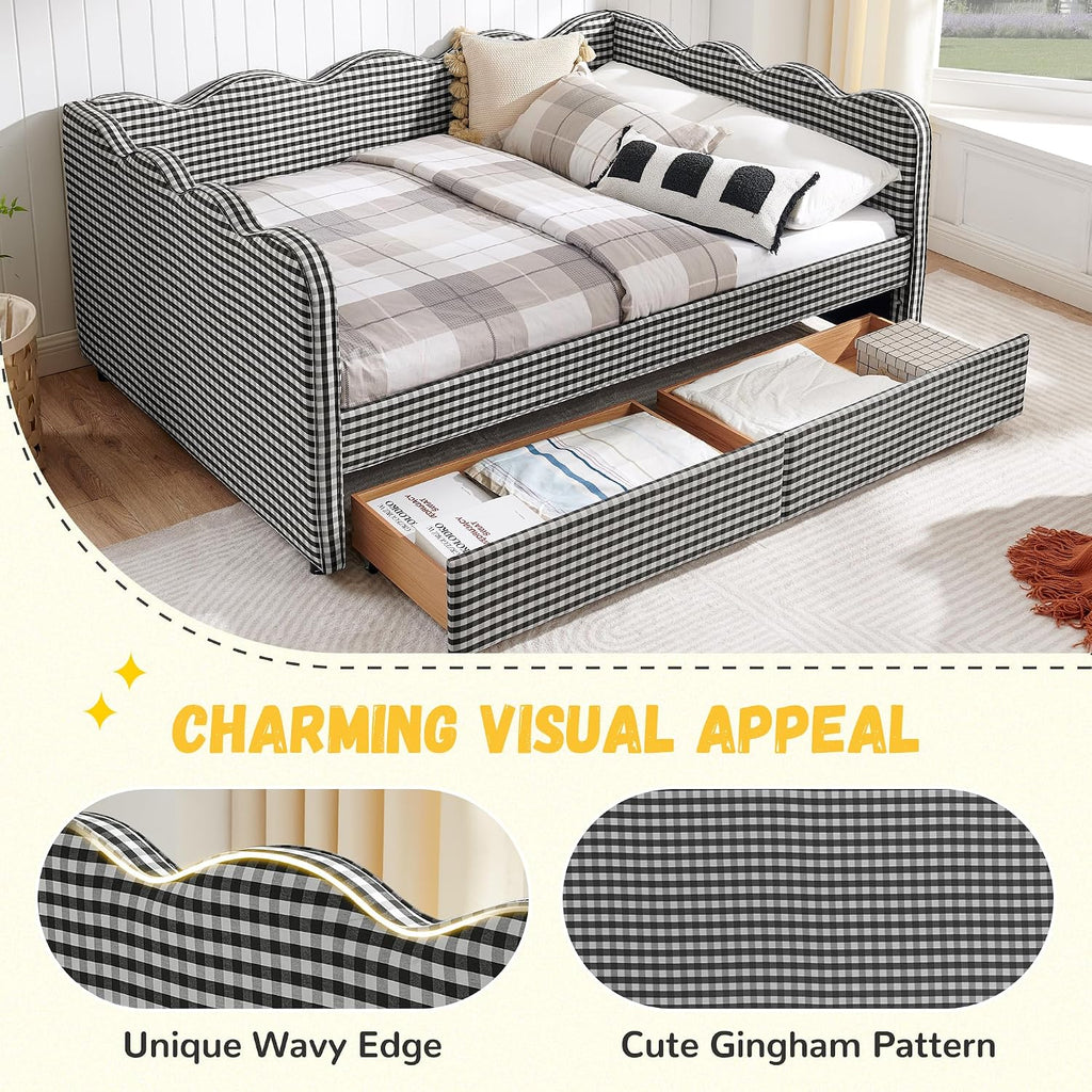 DEINPPA Full Size Upholstered Daybed with 2 Storage Drawers, Gingham Daybed with USB Ports for Bedroom Living Room Guest Room-Black