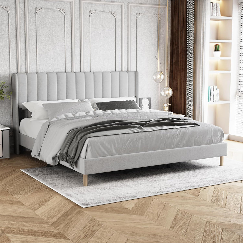 King Size Bed Frame with Headboard, Modern Upholstered Linen Platform Bed, Heavy Duty Wooden Slats Support, No Box Spring Needed, Noise-Free & Easy Assembly, Light Grey