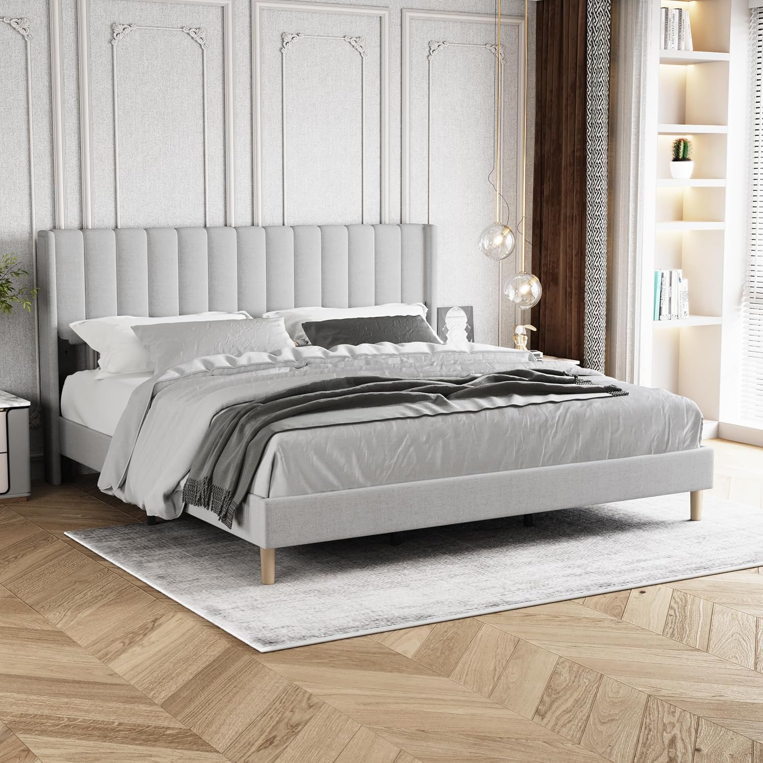 King Size Bed Frame with Headboard, Modern Upholstered Linen Platform Bed, Heavy Duty Wooden Slats Support, No Box Spring Needed, Noise-Free & Easy Assembly, Light Grey