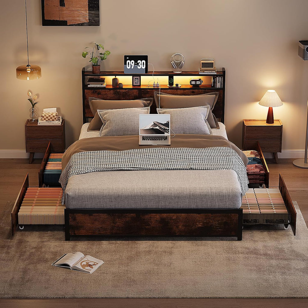 VINGLI Full Platform with 4 Storage Drawers and Headboard, Metal Double Bed with Charging Station and LED Lights, No Box Spring Needed, Noise Free, Easy Assembly, Vintage Brown