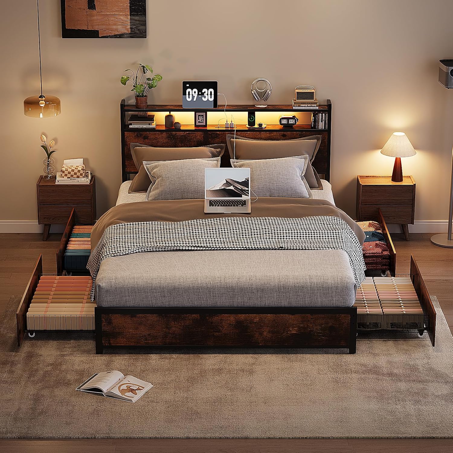 VINGLI Full Platform with 4 Storage Drawers and Headboard, Metal Double Bed with Charging Station and LED Lights, No Box Spring Needed, Noise Free, Easy Assembly, Vintage Brown