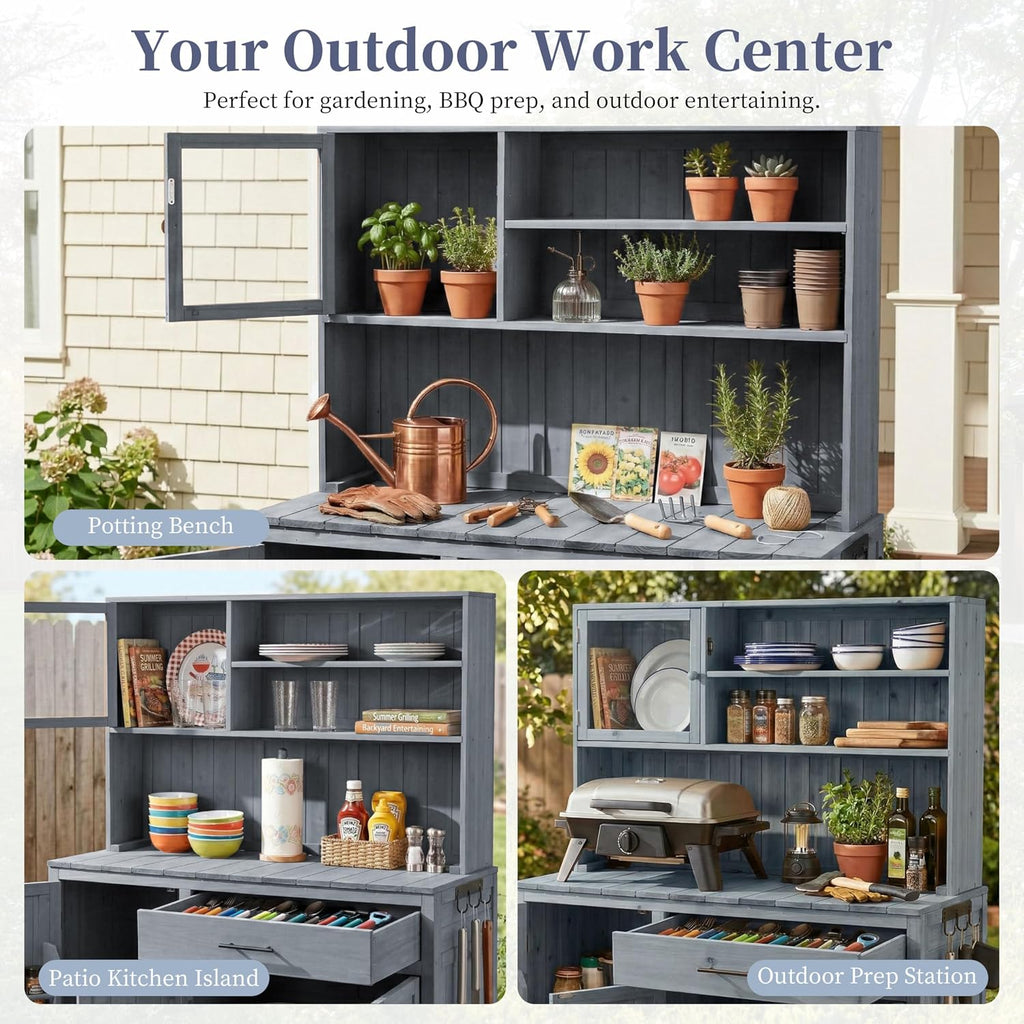 Outdoor Potting Bench Table with Hutch,65' H Solid Fir Wood Garden Workstation, Patio Storage Workstation with Adjustable Shelves, Spice Rack, Side Hook and Drawer, for Mudroom, Doorway (Gray)