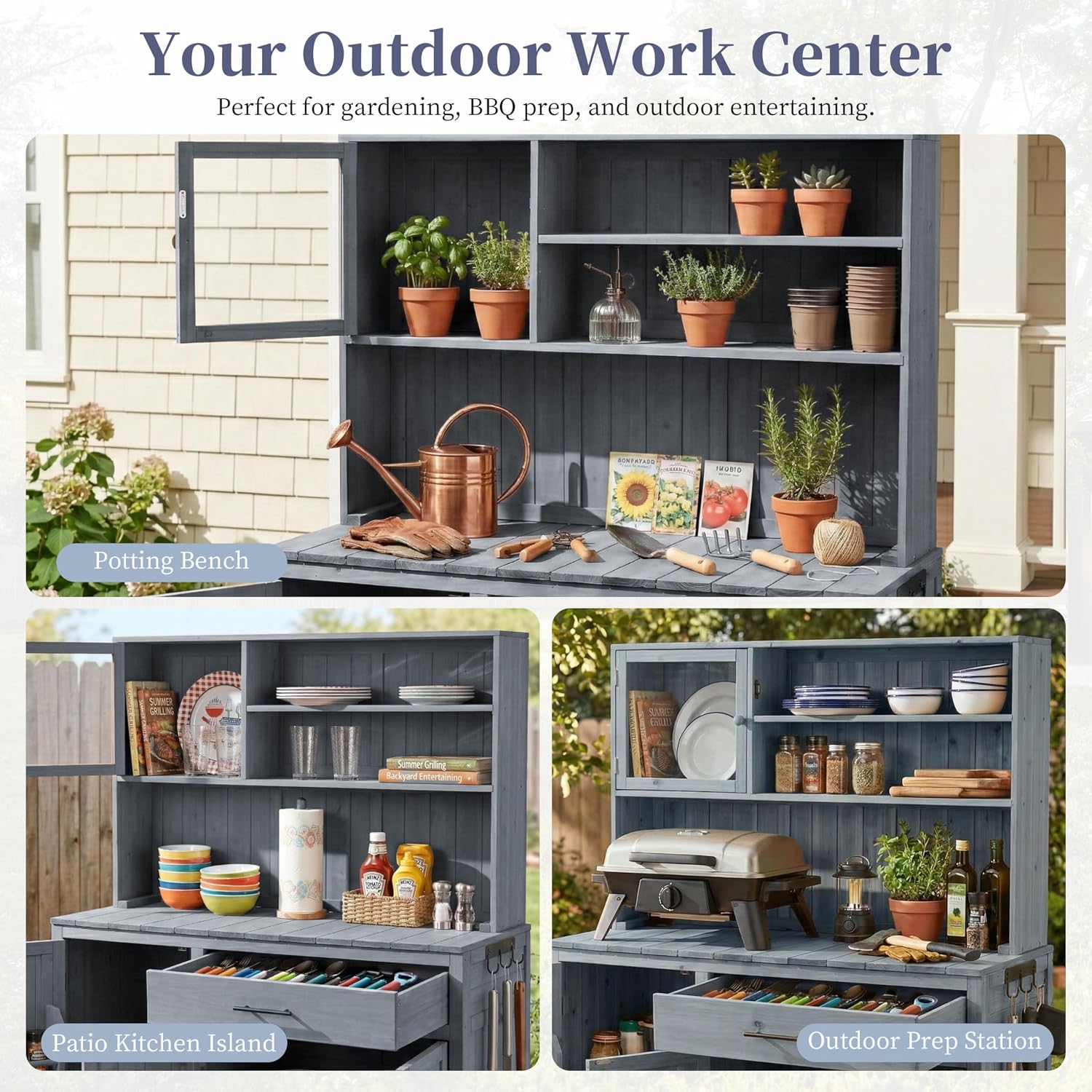 Outdoor Potting Bench Table with Hutch,65' H Solid Fir Wood Garden Workstation, Patio Storage Workstation with Adjustable Shelves, Spice Rack, Side Hook and Drawer, for Mudroom, Doorway (Gray)