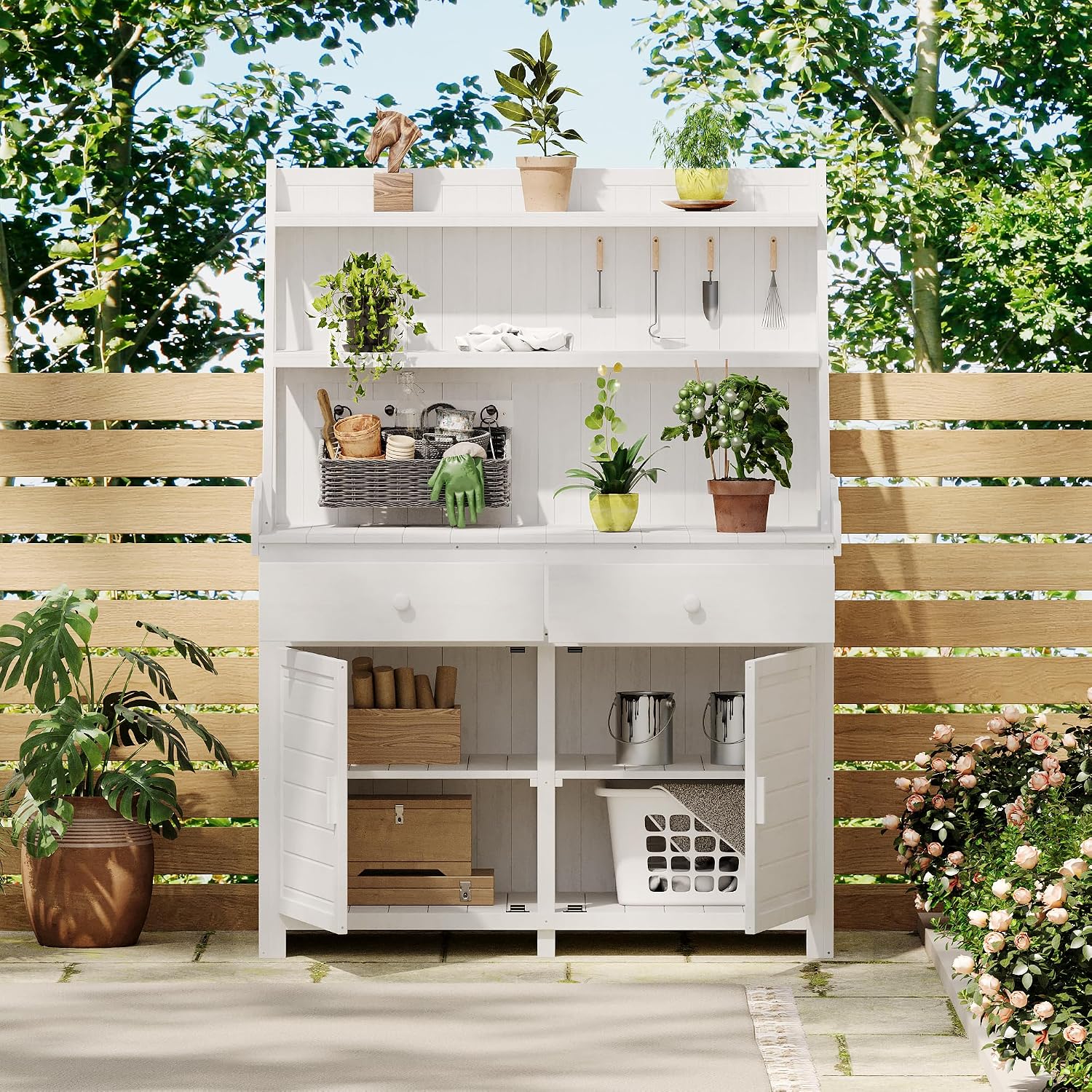 Rustic Outdoor Garden Potting Bench Table with 3 Tier Shelves and 2 Drawers, Large Gardening Workstation with Fir Wood Frame for Outdoor Space, Easy to Clean