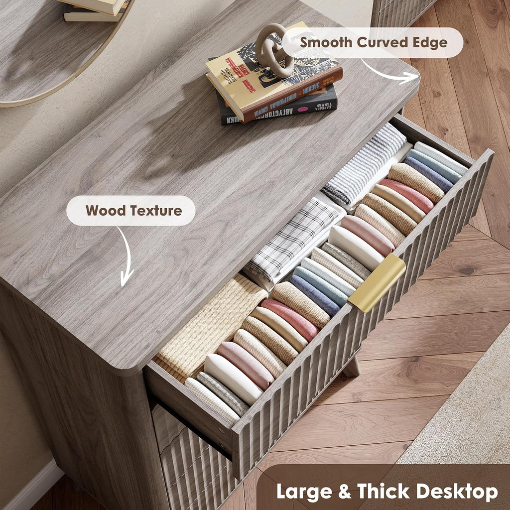 GarveeHome Fluted Dresser for Bedroom with 5 Deep Drawers, 47.2 in Tall Chest of Drawers, Curved Profile Design, Modern Wooden Dresser, for Living Room, Kids Room, Hallway, Grey
