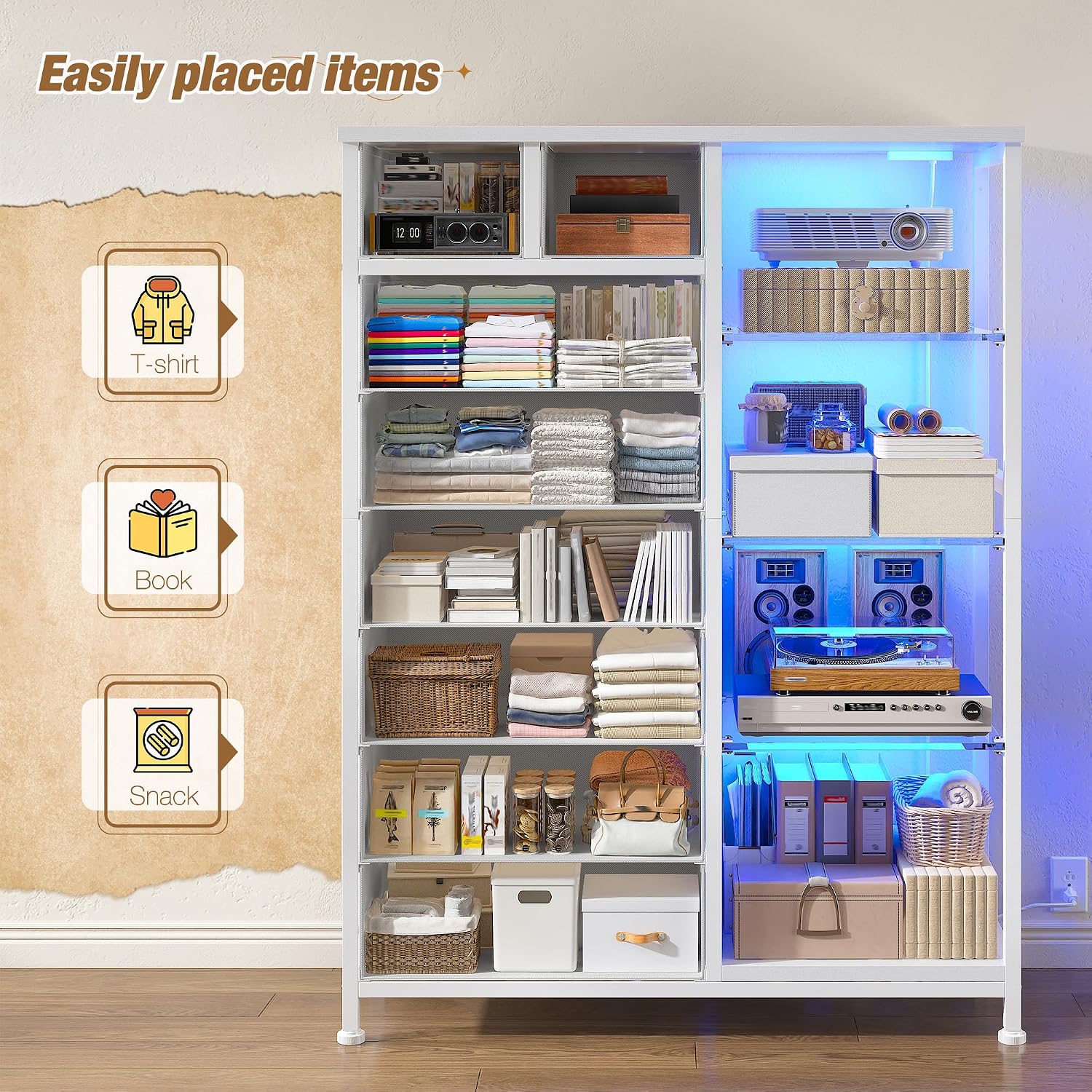 EnHomee 54' H Dresser for Bedroom with LED Lights & Power Outlets Dresser with 8 Drawers Fabric Dressers & Chests of Drawers, Shelves for Bedroom, Sturdy Metal Frame, Acrylic Plates (White)