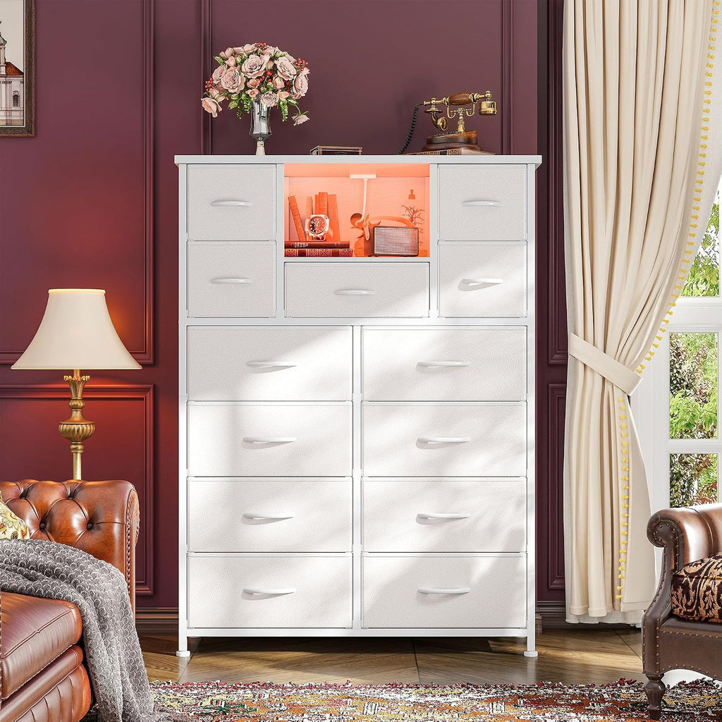Romorgniz Dresser for Bedroom with 13 Fabric Drawers, White Dresser with LED and 4 Charging Ports and Open Shelves, 47''H Chest of Drawers for Entryway, Hallway