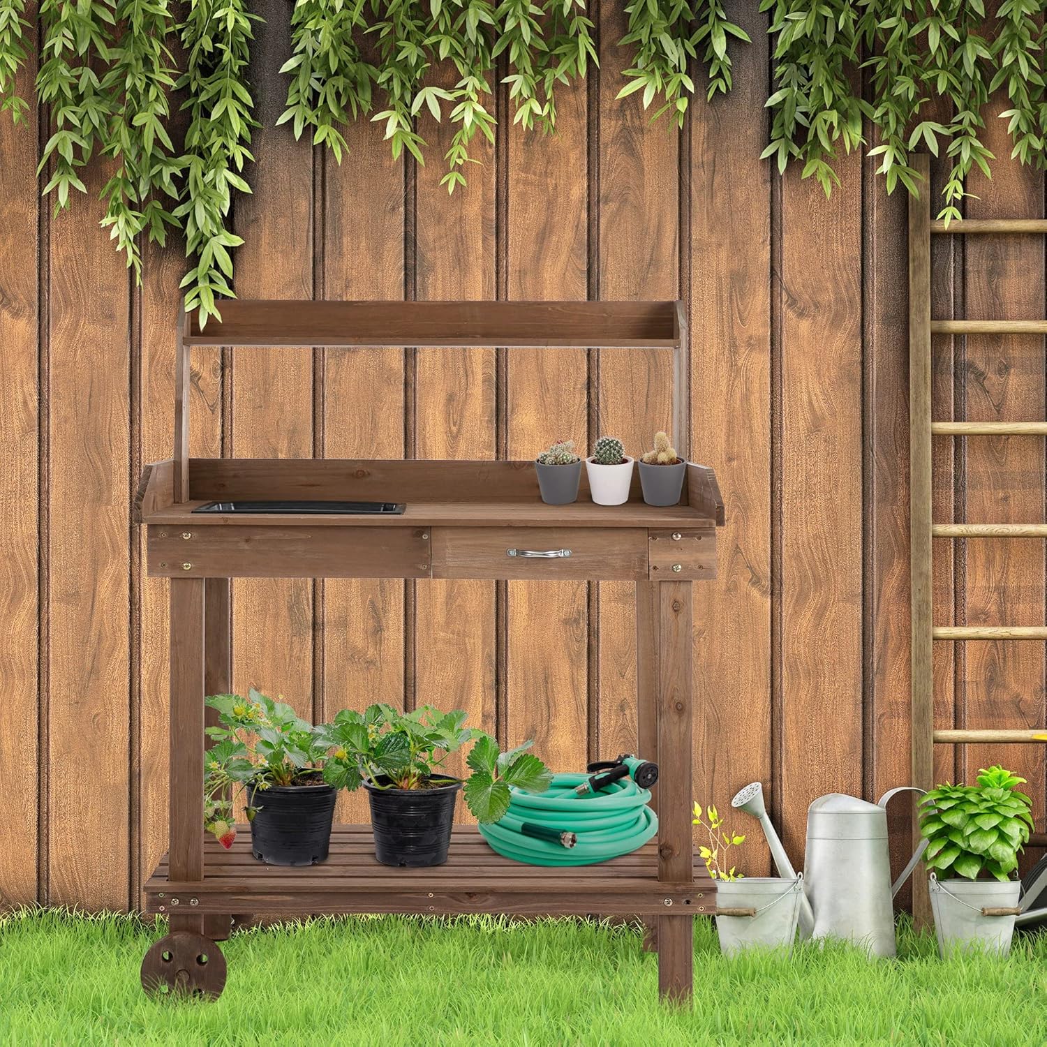 36' Outdoor Potting Benches - Outdoor Gardening Table with Removeable Plastic Sink, Work Bench with Wheels and Drawers for Storage for Backyard, Garden (Brown, 36)