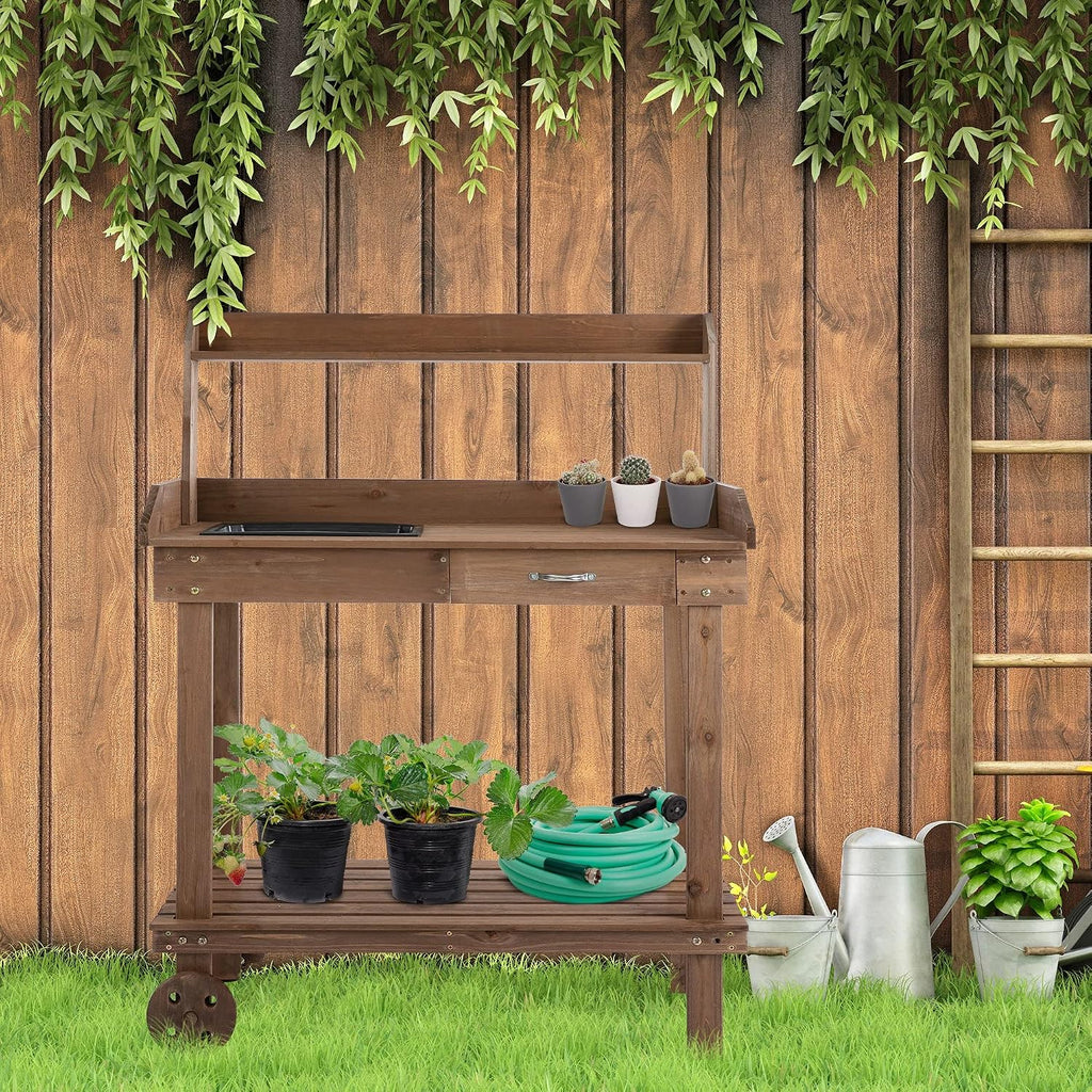 36' Wooden Potting Bench Table with Sink, Drawer, and Large Storage, Easy to Move