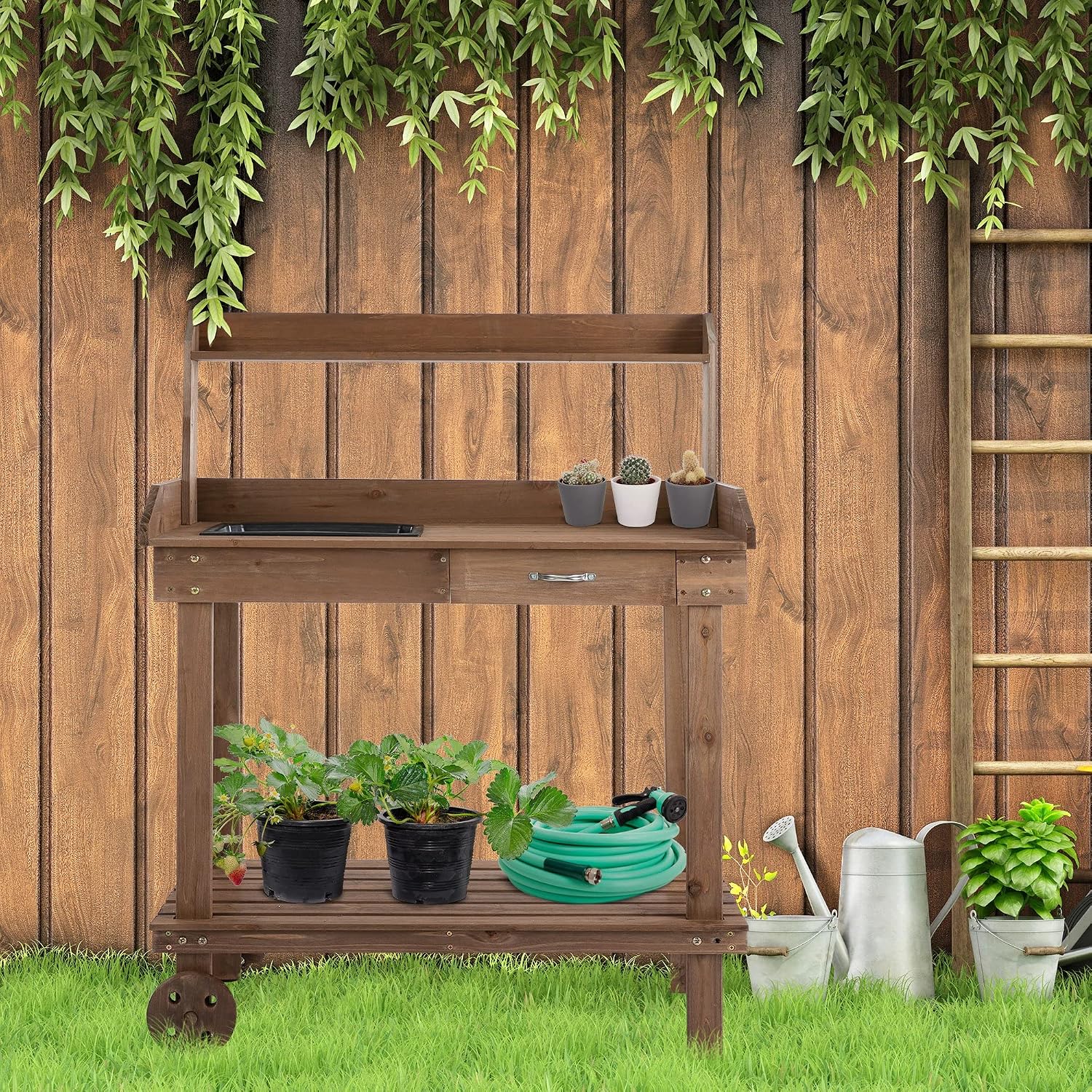 36' Wooden Potting Bench Table with Sink, Drawer, and Large Storage, Easy to Move