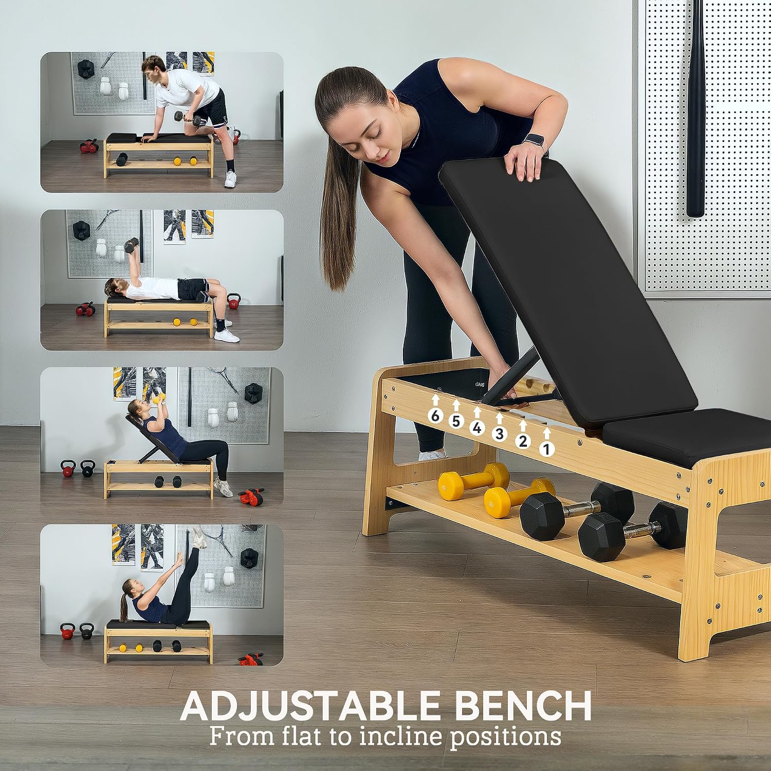 Soozier Adjustable Weight Bench with Dumbbell Rack, Wooden Workout Bench, Flat or Incline Bench for Home Gym Weight Lifting Training