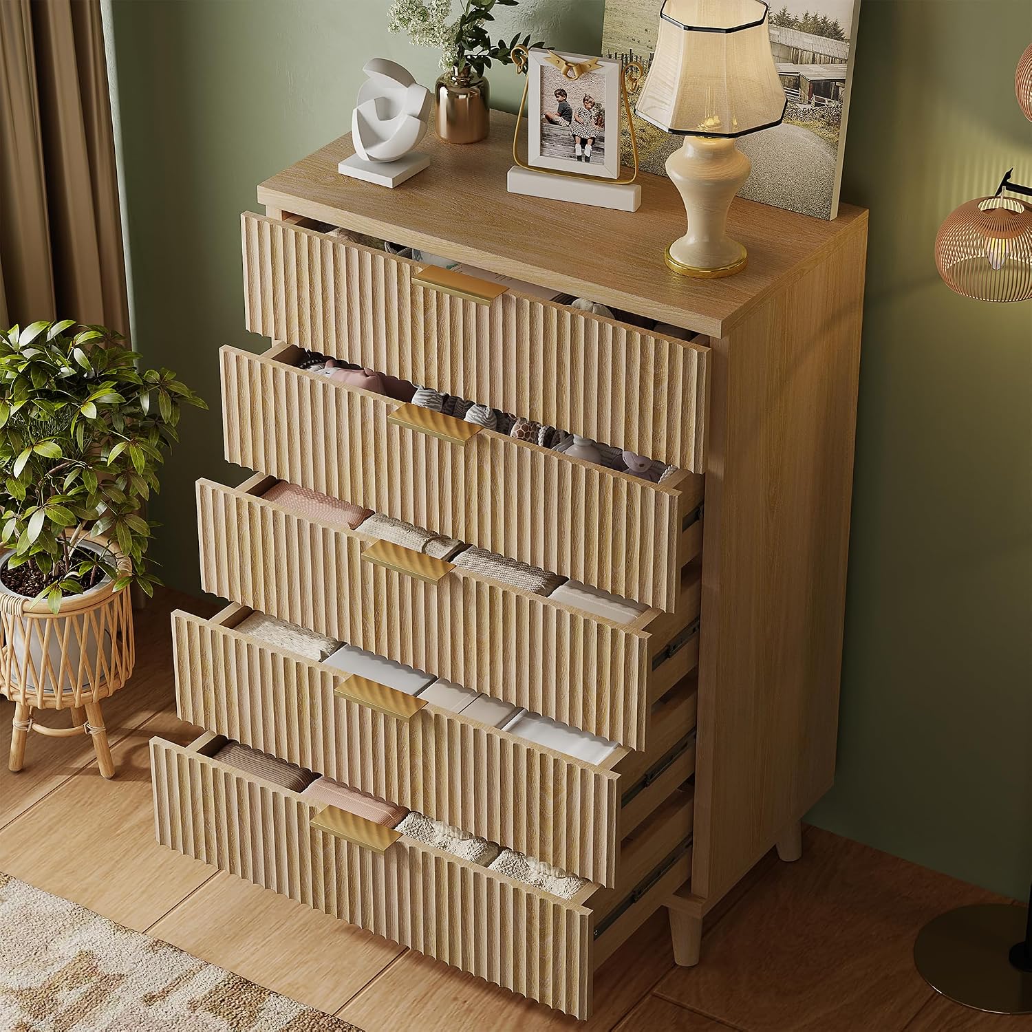 Lulive Dresser for Bedroom Wood Tall Dressers Drawers, Fluted Modern Dresser 5 Drawers Natural