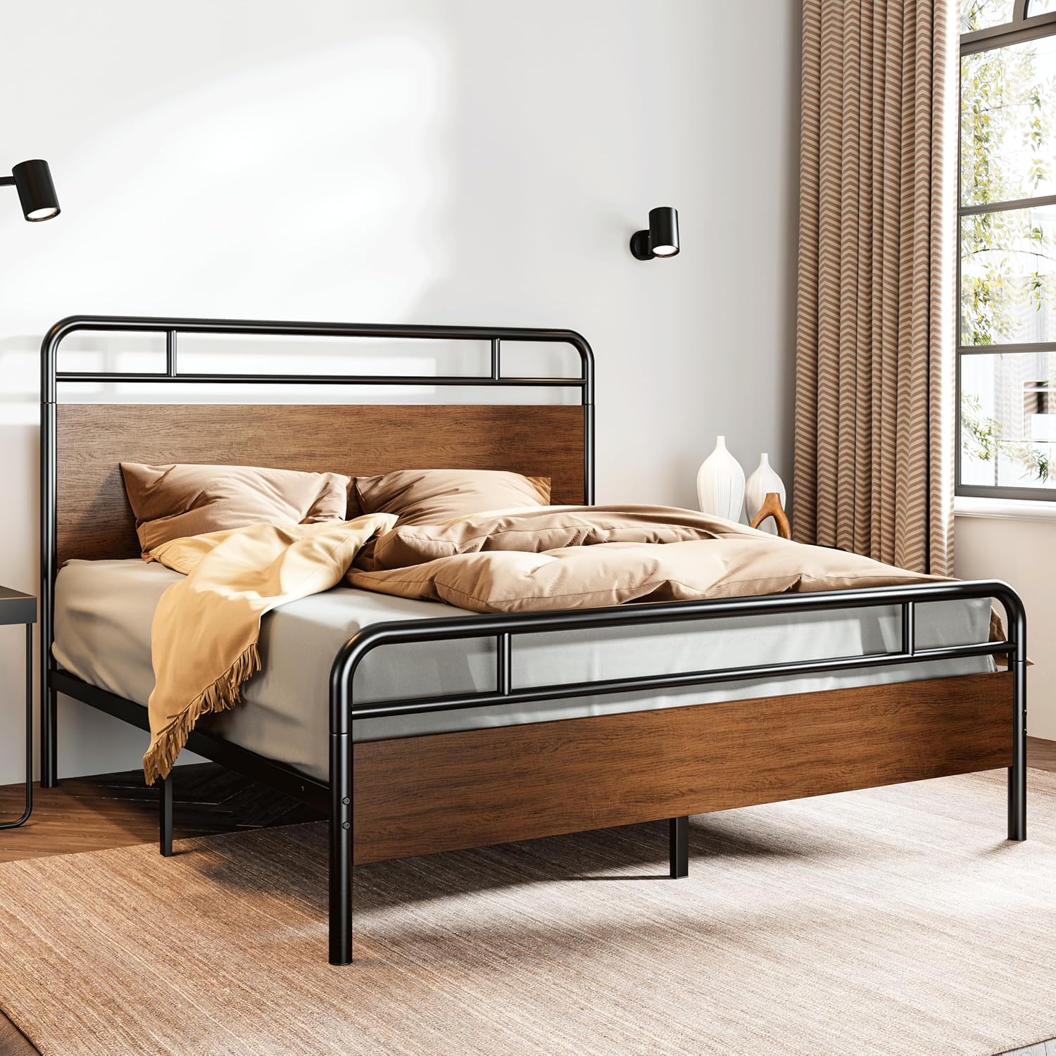 SHA CERLIN Queen Size Bed Frame with Wooden Headboard and Footboard, Rounded Corner Metal Structure, Heavy Duty Slats with Under-Bed Storage, No Box Spring Needed, Walnut