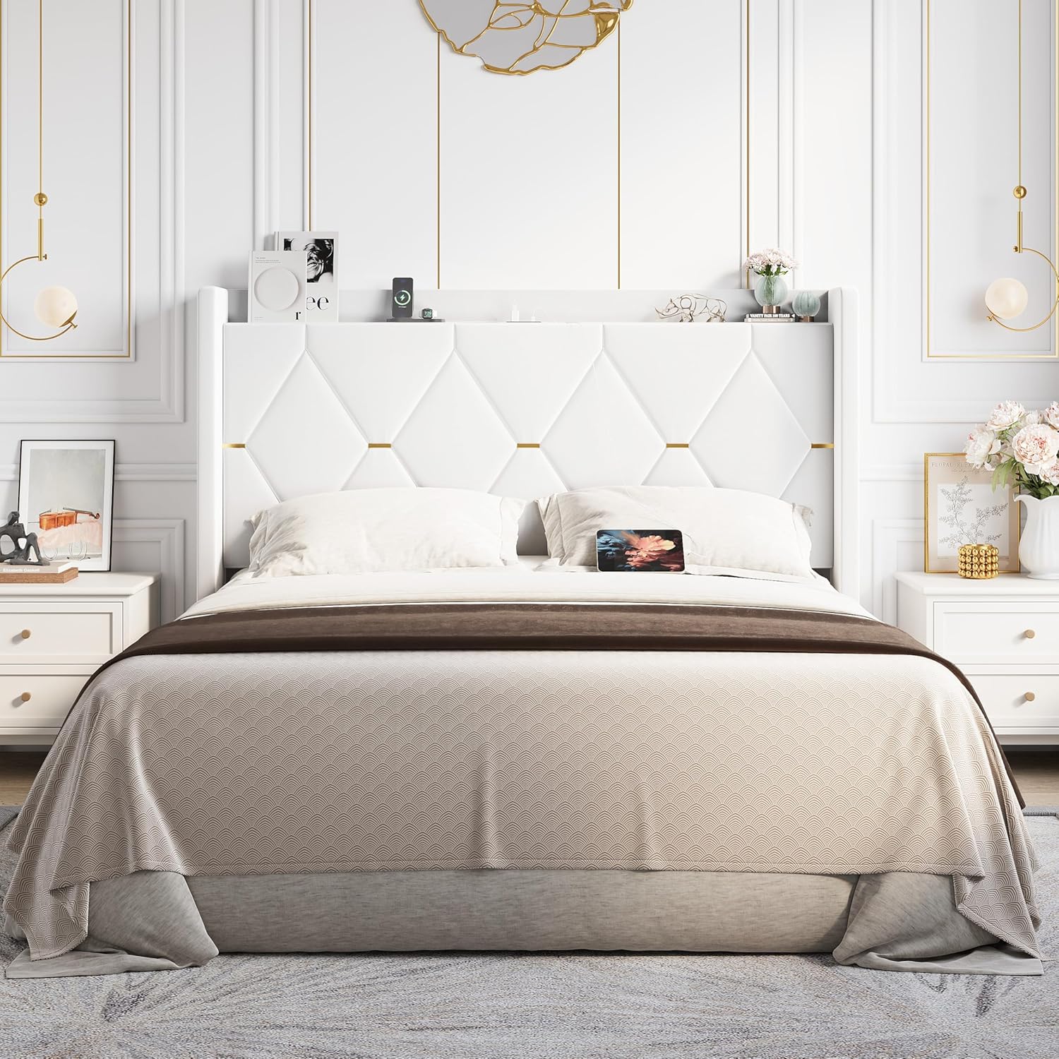 Allewie Velvet Full Size Upholstered Bed Frame with Wingback Storage Headboard & Charging Station, Platform Bed with Diamond Tufted Design & Gold Trim, No Box Spring Needed, Easy Assembly, White