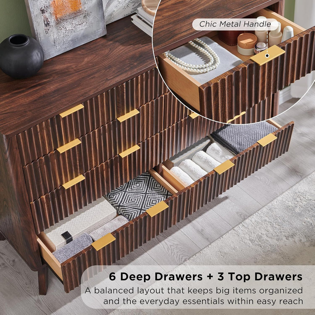 T4TREAM Fluted 9 Drawers Dresser, 54' Wide Modern Chest of Drawers, Curved Profile Design, Dresser TV Stand, Wood Drawer Organizer for Bedroom, Living Room, Hallway, Dark Walnut