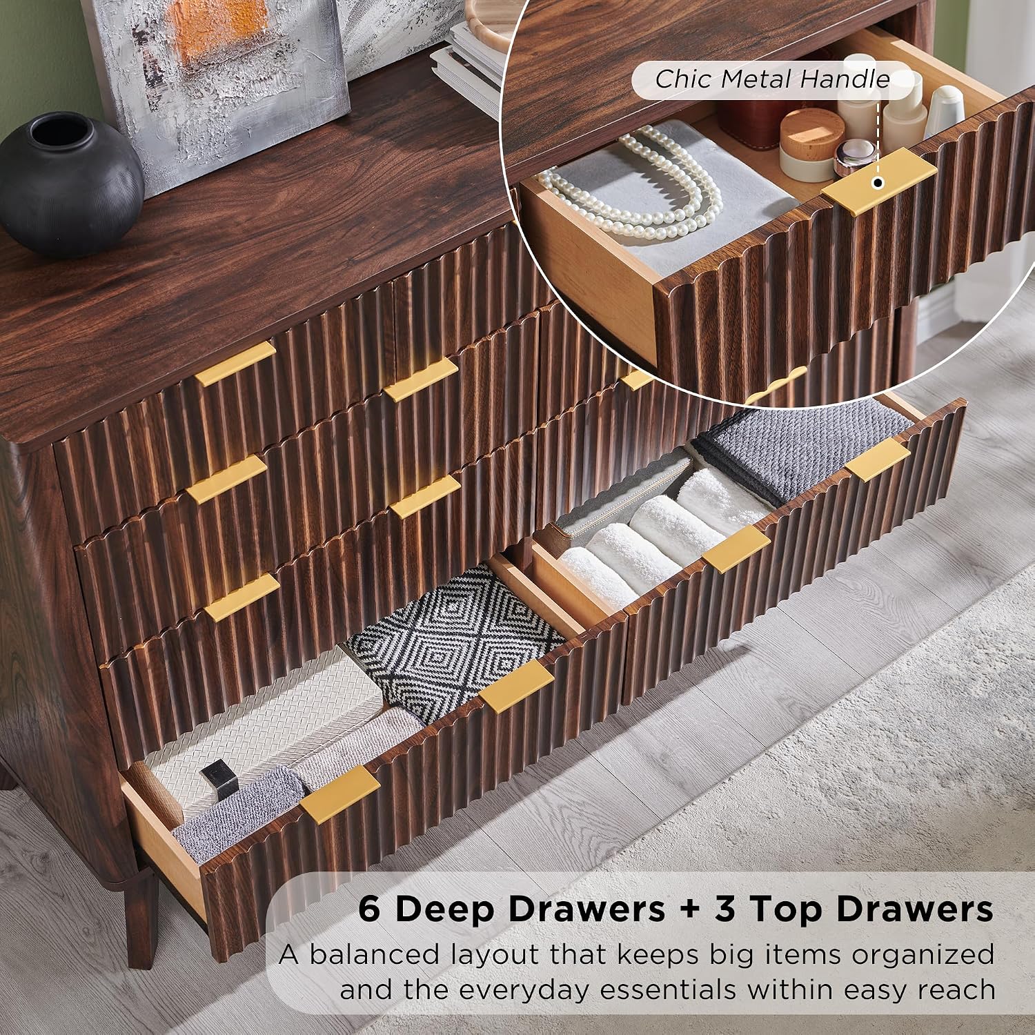 T4TREAM Fluted 9 Drawers Dresser, 54' Wide Modern Chest of Drawers, Curved Profile Design, Dresser TV Stand, Wood Drawer Organizer for Bedroom, Living Room, Hallway, Dark Walnut