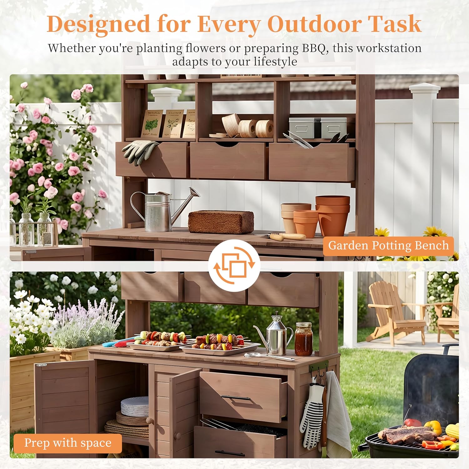 65'' H Farmhouse Outdoor Potting Bench Table, Wood Garden Workstation with Storage Drawers, Cabinets, and Side Hooks, Freestanding Garden Work Table for Outside, Patio, Backyards,Brown