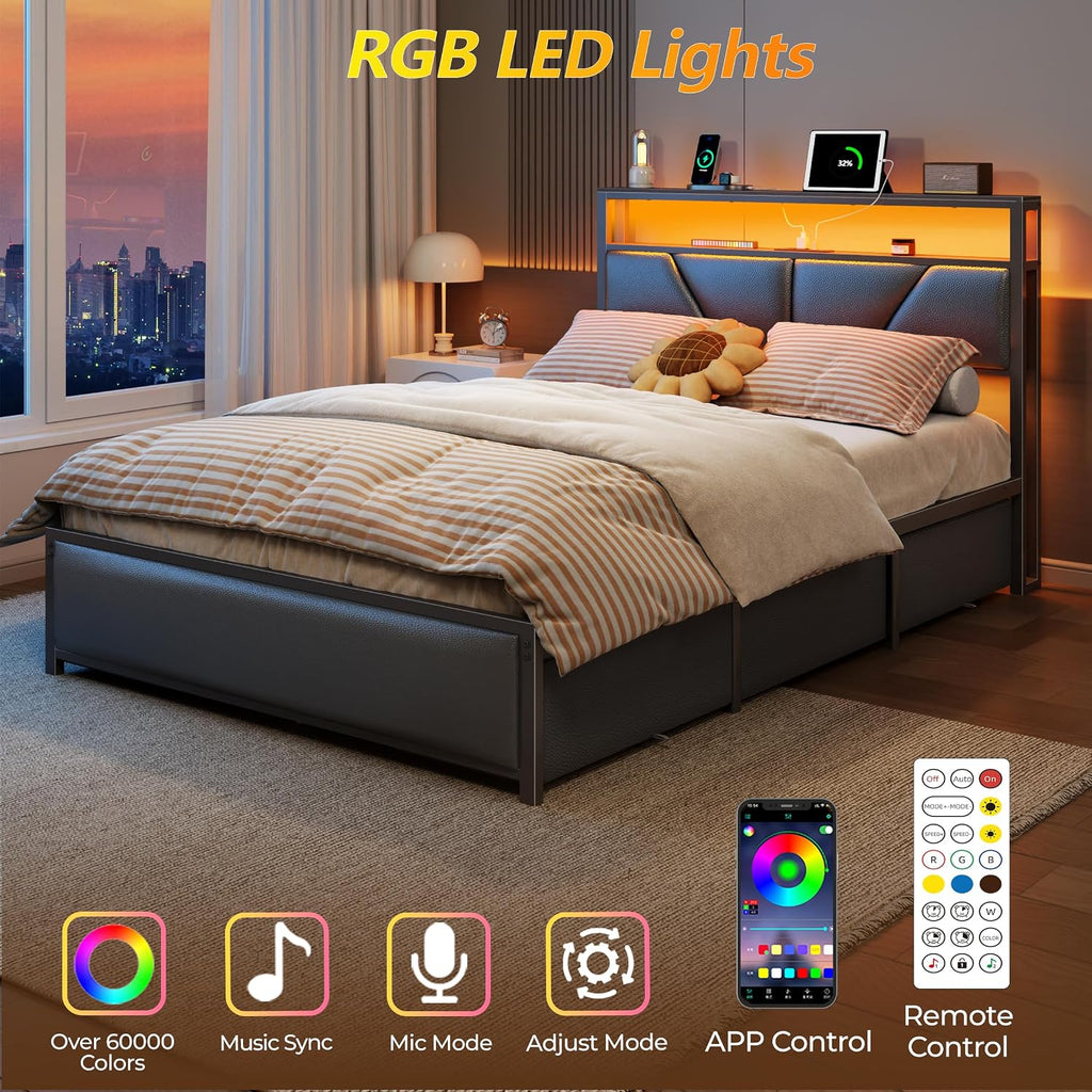 OURPIC Full Size Bed Frame, 6 Fabric Storage Drawers and 2-Tier Headboard, PU Leather Upholstered Platform Bed Frame Full with LED Lights and Charging Station, No Box Spring Needed, Noise Free