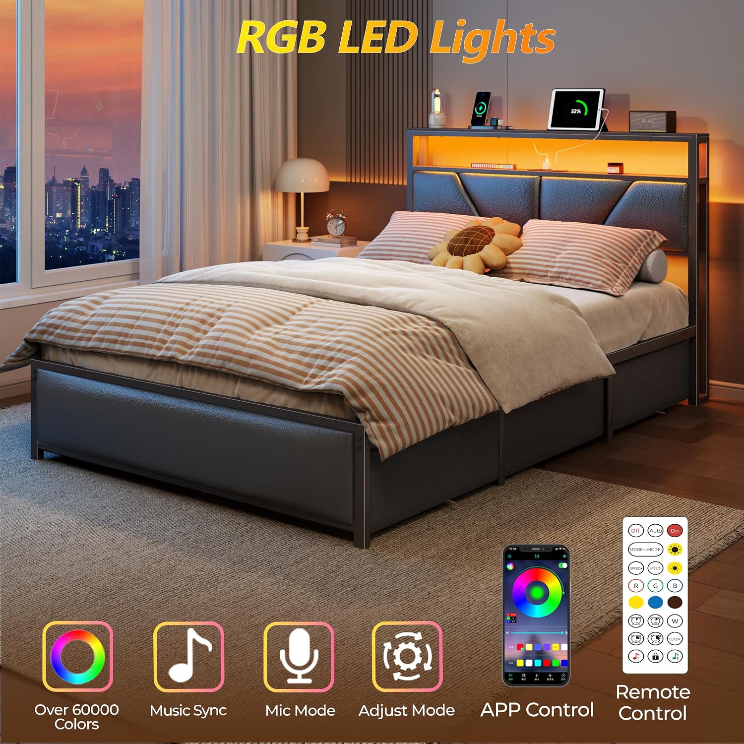OURPIC Full Size Bed Frame, 6 Fabric Storage Drawers and 2-Tier Headboard, PU Leather Upholstered Platform Bed Frame Full with LED Lights and Charging Station, No Box Spring Needed, Noise Free