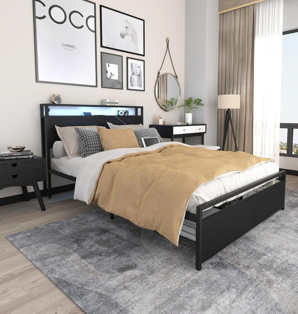 Bellemave Full Size Bed Frame with 2 Storage Drawers and Charging, Full Size Bed Frame with Headboard and Charging Station and with Led Lightstation, No Box Spring Needed, (Full, Black)