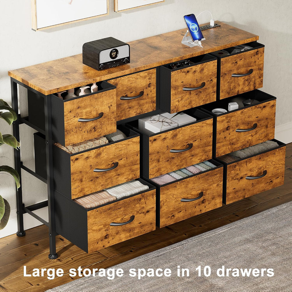Lulive 10 Drawer Dresser for Bedroom, Dressers TV Stand with Power Outlet, Entertainment Center Bedroom Dresser, Chest of Drawers for 55'' Long TV, Wide Fabric Dresser for Storage and Organization