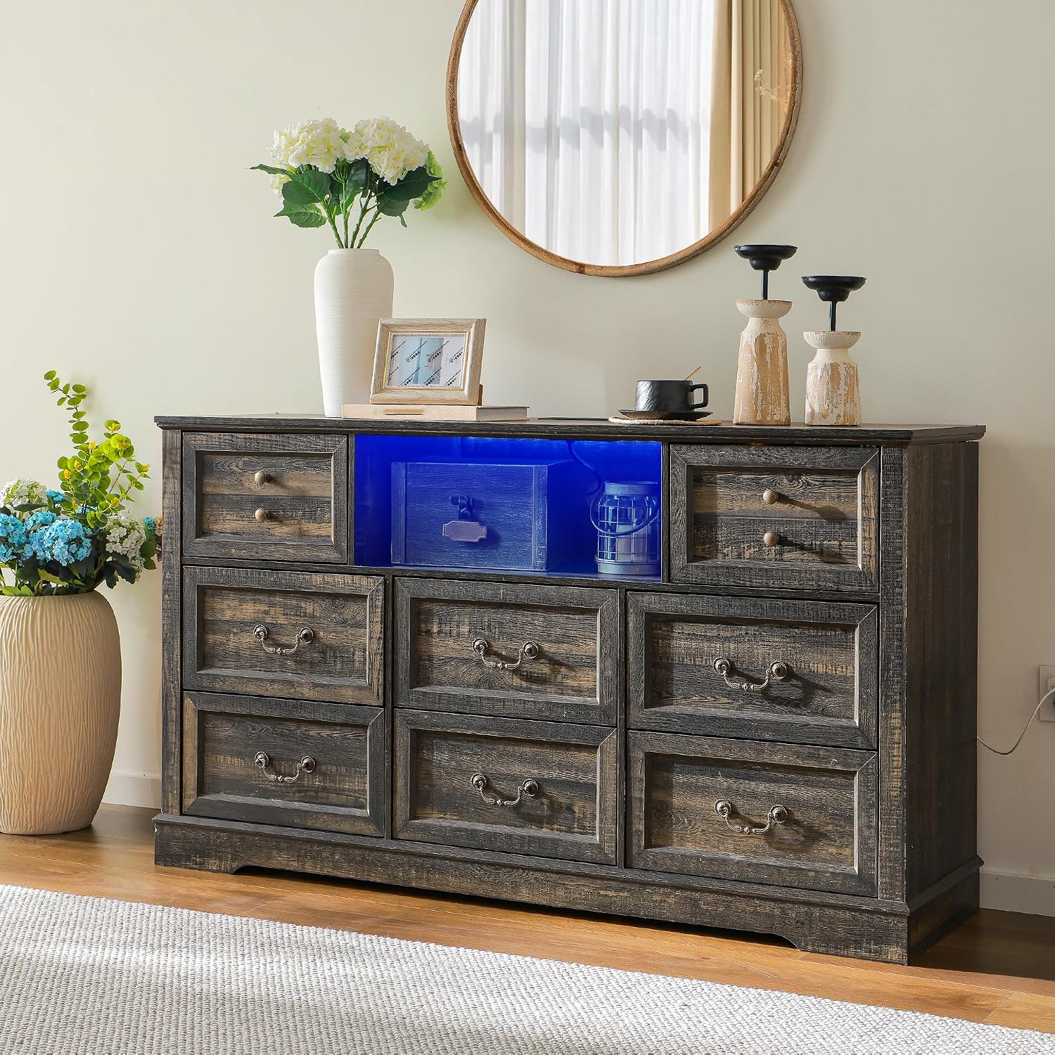 Homkdom Dresser for Bedroom with Charging Station & Led Lights,55.02' TV Stand with 8 Drawers,Dressers & Chests of Drawers with Open Shelves,Hallway,55.02' W x 34.53' H x 15.77' D Rustic Oak