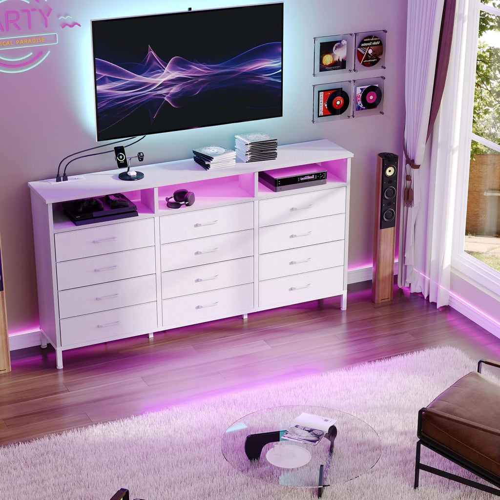 Dresser for Bedroom White Bedroom Dresser with LED Lights and Charging Station, 12 Long Fabric Drawers Dressers, Vertical Chest of Drawers Storage Organizer TV Stand for up to 65' TV for Living Room