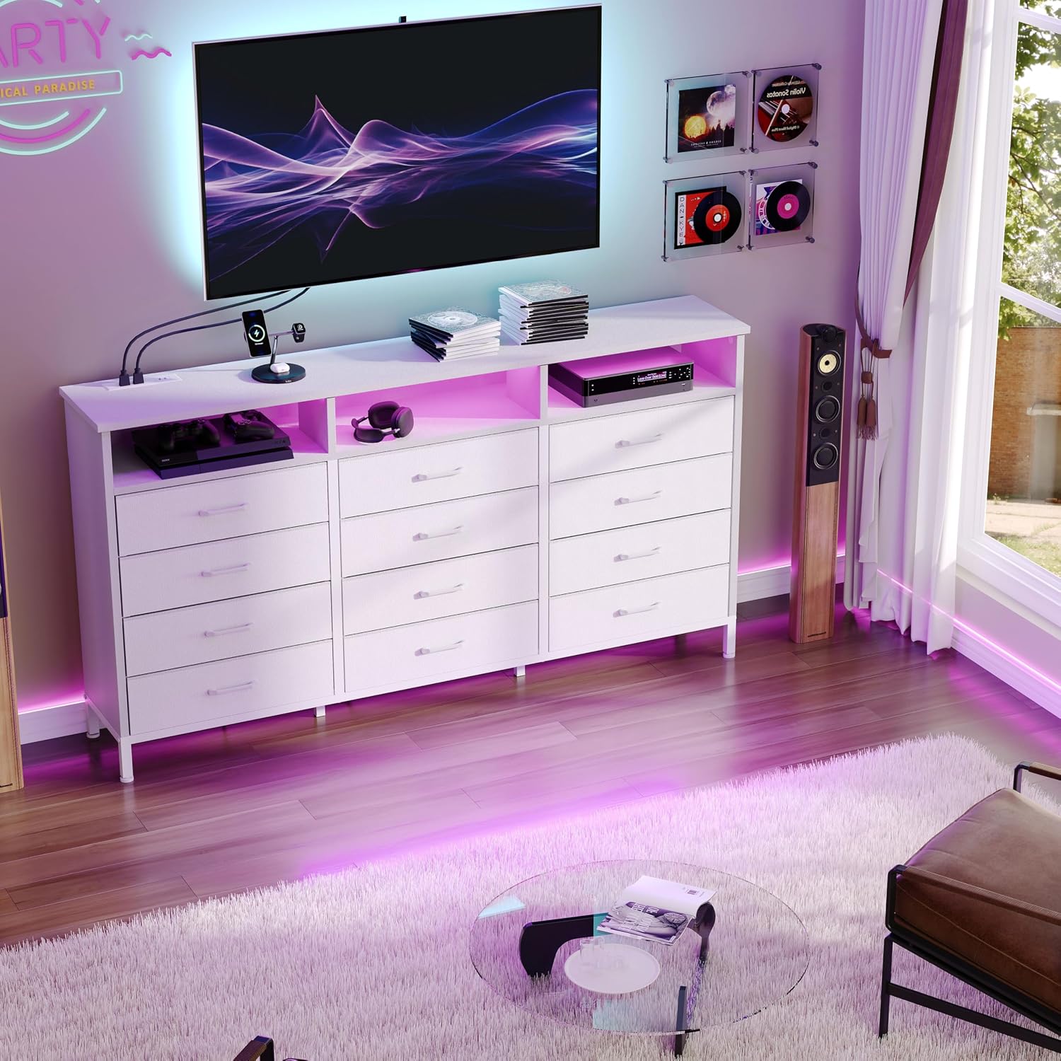 Dresser for Bedroom White Bedroom Dresser with LED Lights and Charging Station, 12 Long Fabric Drawers Dressers, Vertical Chest of Drawers Storage Organizer TV Stand for up to 65' TV for Living Room