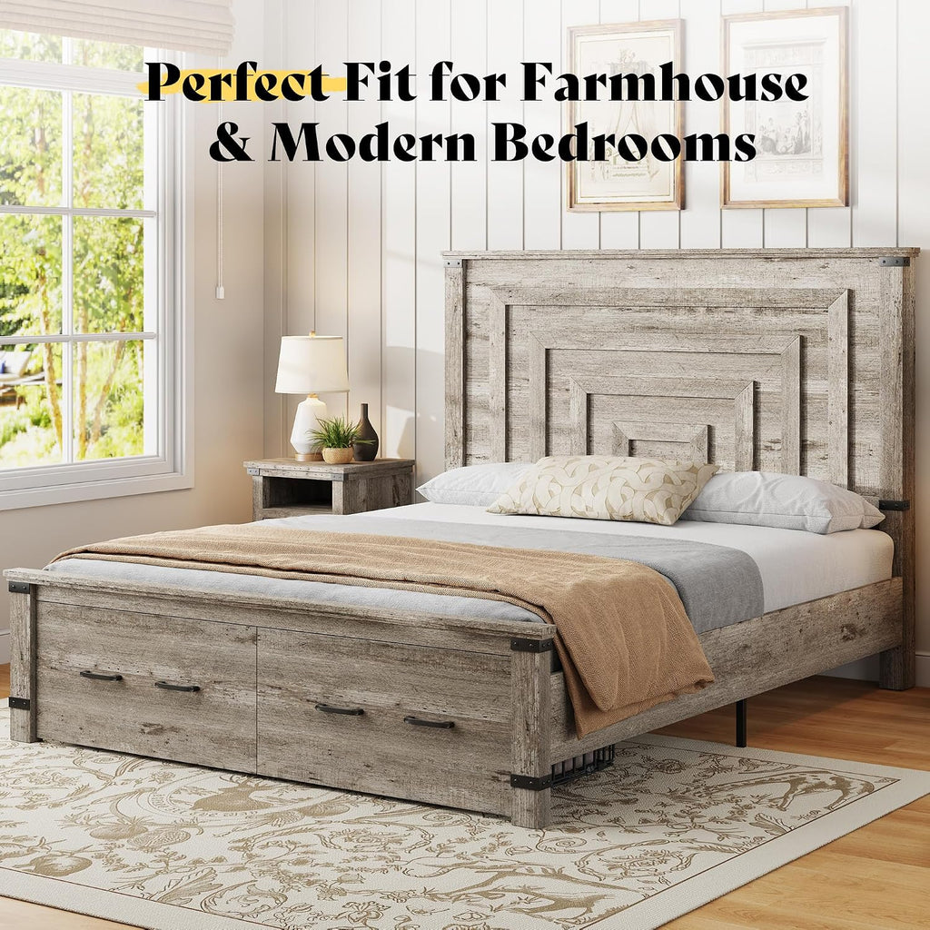 AMERLIFE Farmhouse Queen Bed Frame with 54' Tall Geometric Headboard & Footboard, Rustic Wood Platform Bed Frame with Large Storage Drawers, Wood Slats Support, No Box Spring Needed, Rustic Grey
